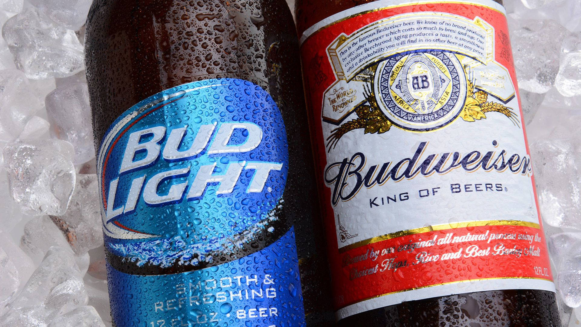 冰塊上的百威與百威光啤酒 壁紙 — 兩支冰凍嘅Bud Light同Budweiser啤酒樽，匿埋喺閃閃發光嘅冰塊入面，仲有冷凝水珠。