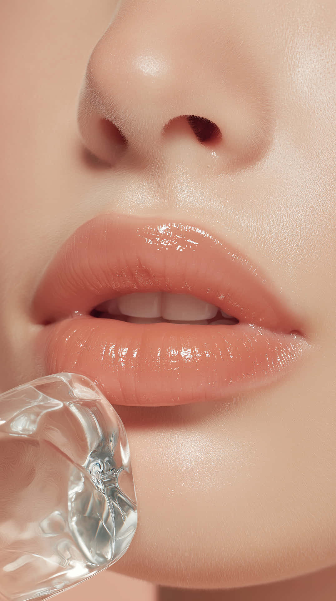 女人光澤蜜桃色嘴唇手持一個多面切割水晶杯靠近嘴邊。