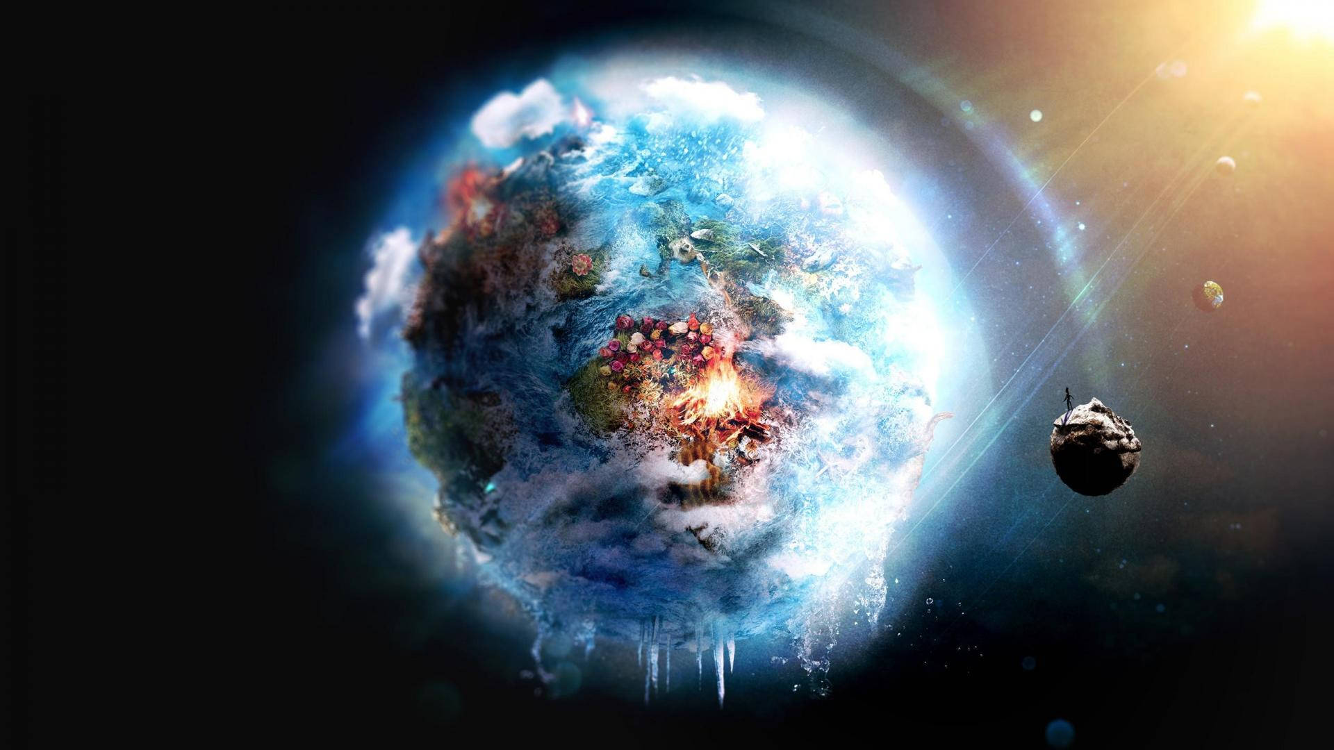 太空中一顆漂浮的小行星附近，一顆帶有火與冰的藍色行星。