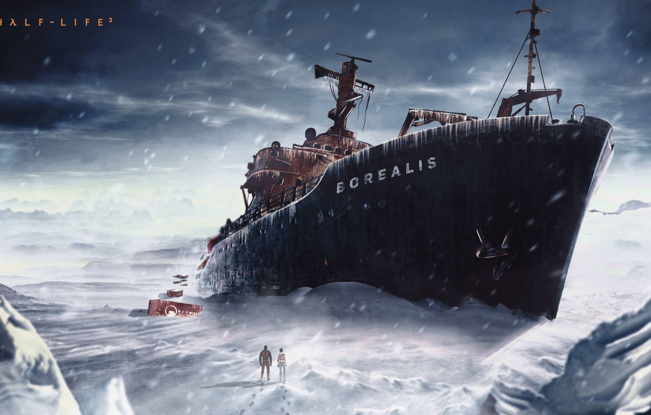 冰封的博雷亞利斯船艦 - 半衰期 壁紙 — 兩個身影走向一艘名為 Borealis 的巨大生鏽船隻，埋在雪中，天空風暴密佈。