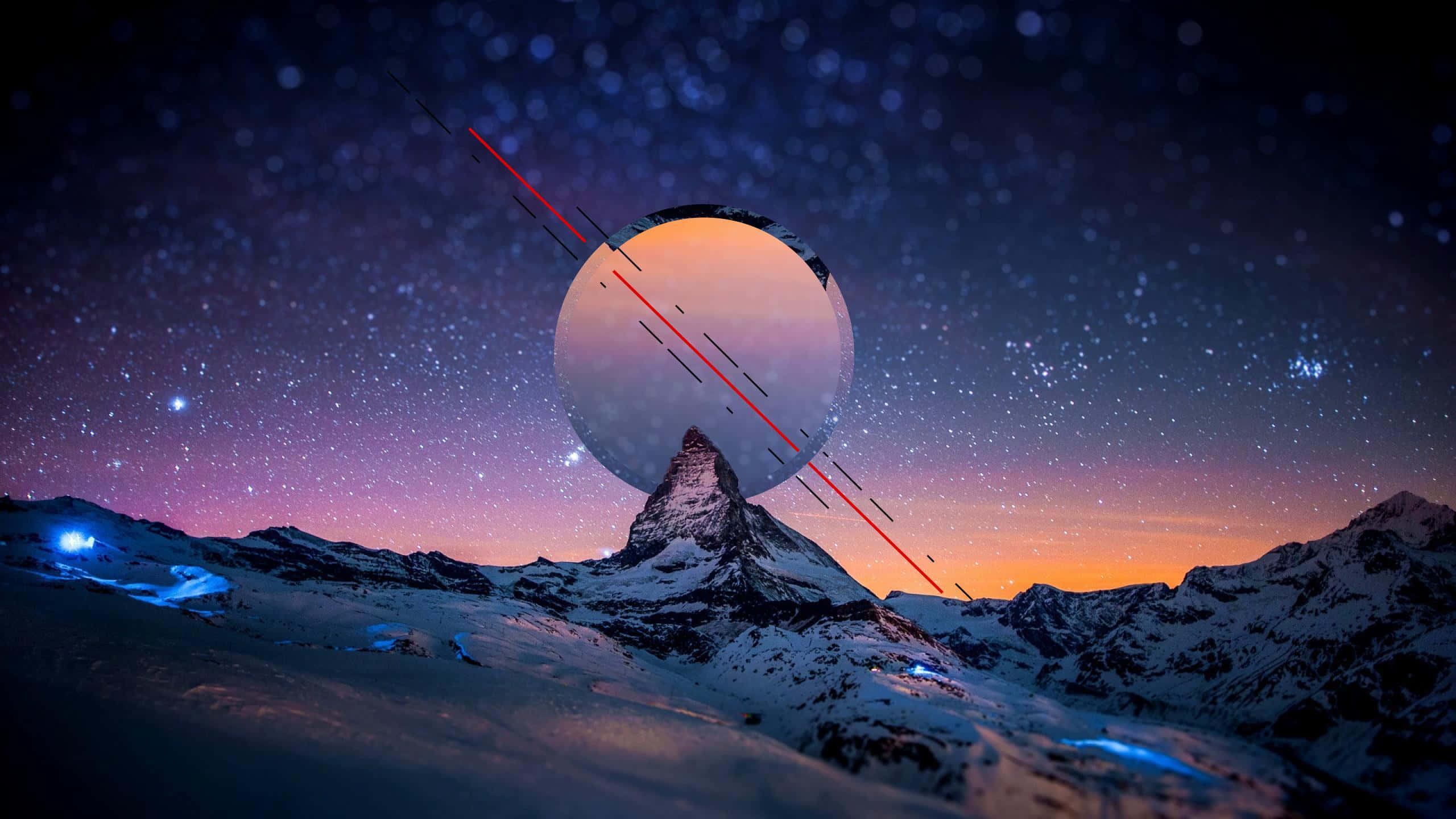 在星光燦爛的天空中，發光球體下的雪山，帶有紅色激光束。