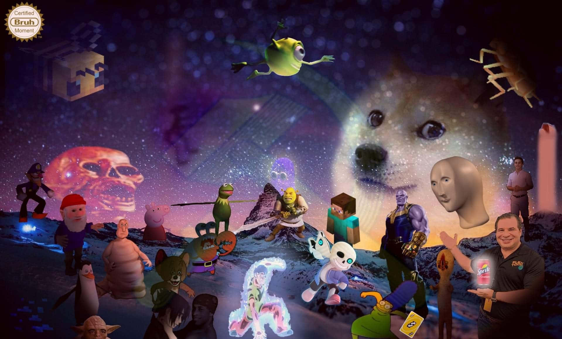 混亂的宇宙場景，充滿互聯網迷因和流行文化角色。