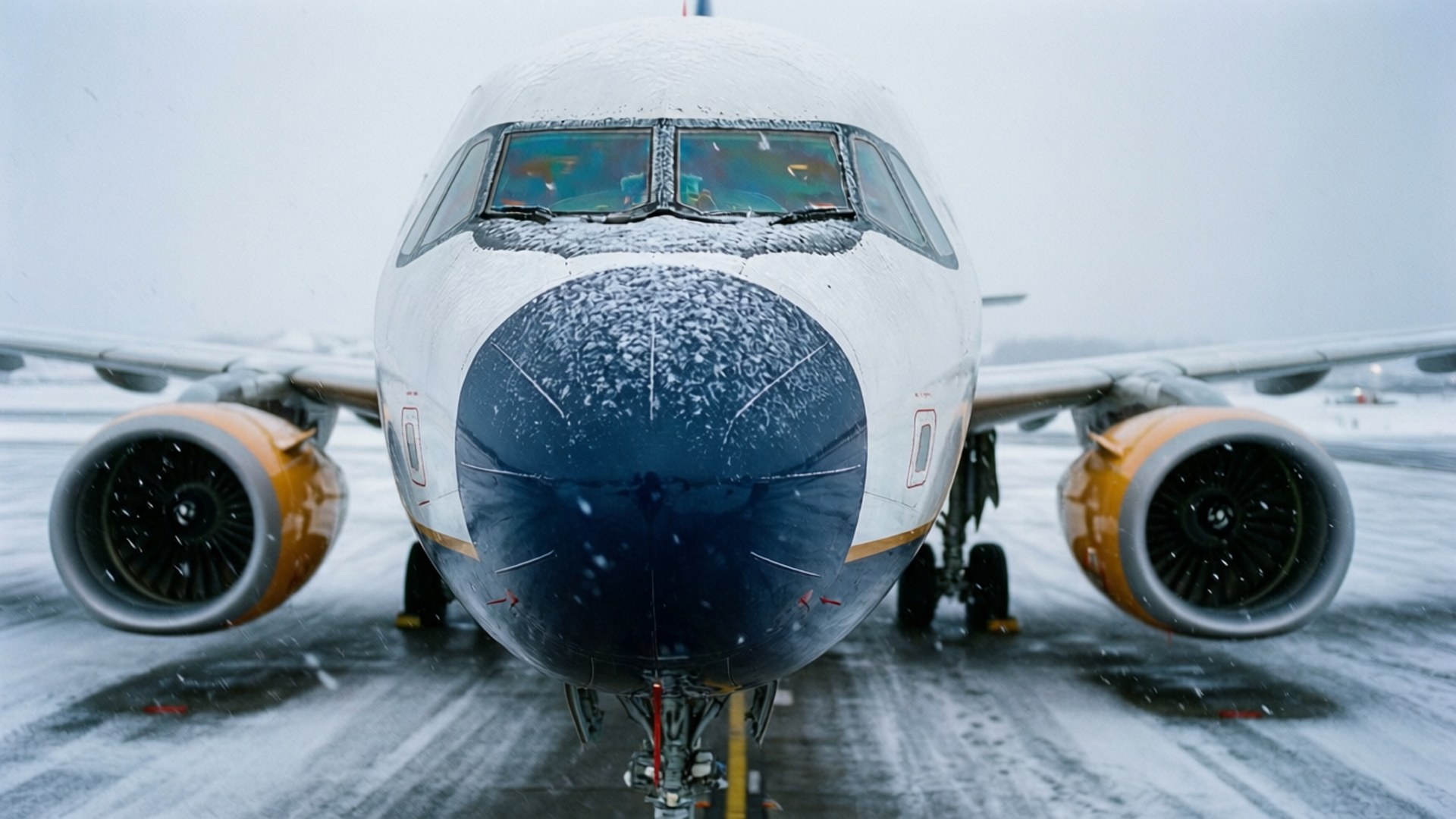 冬季暴風雪中，被雪覆蓋的飛機停在積雪跑道上。