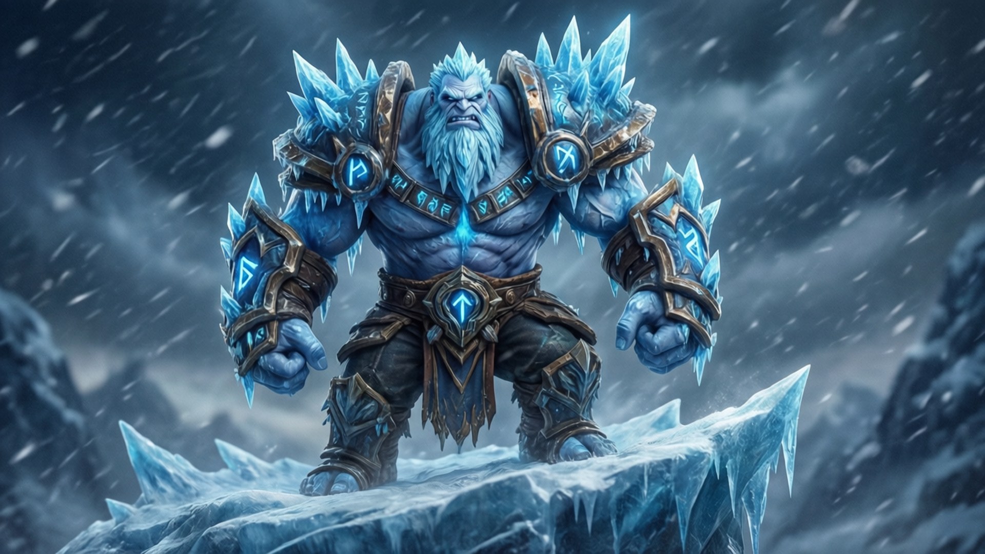 身穿盔甲的冰巨人戰士站在暴風雪中的冰崖上