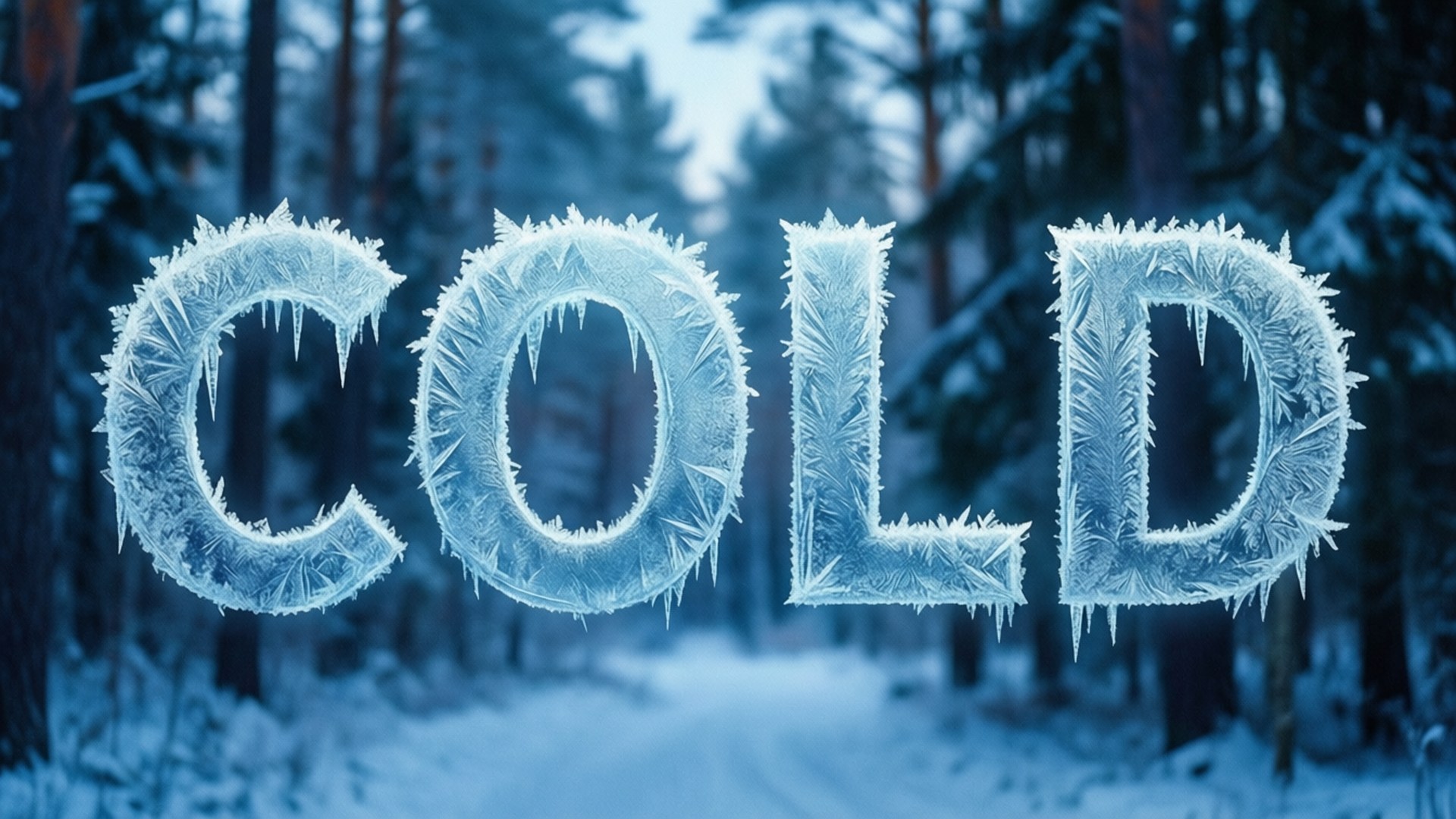 在雪森林中，每個字母上掛著冰柱的冰製「cold」一詞。