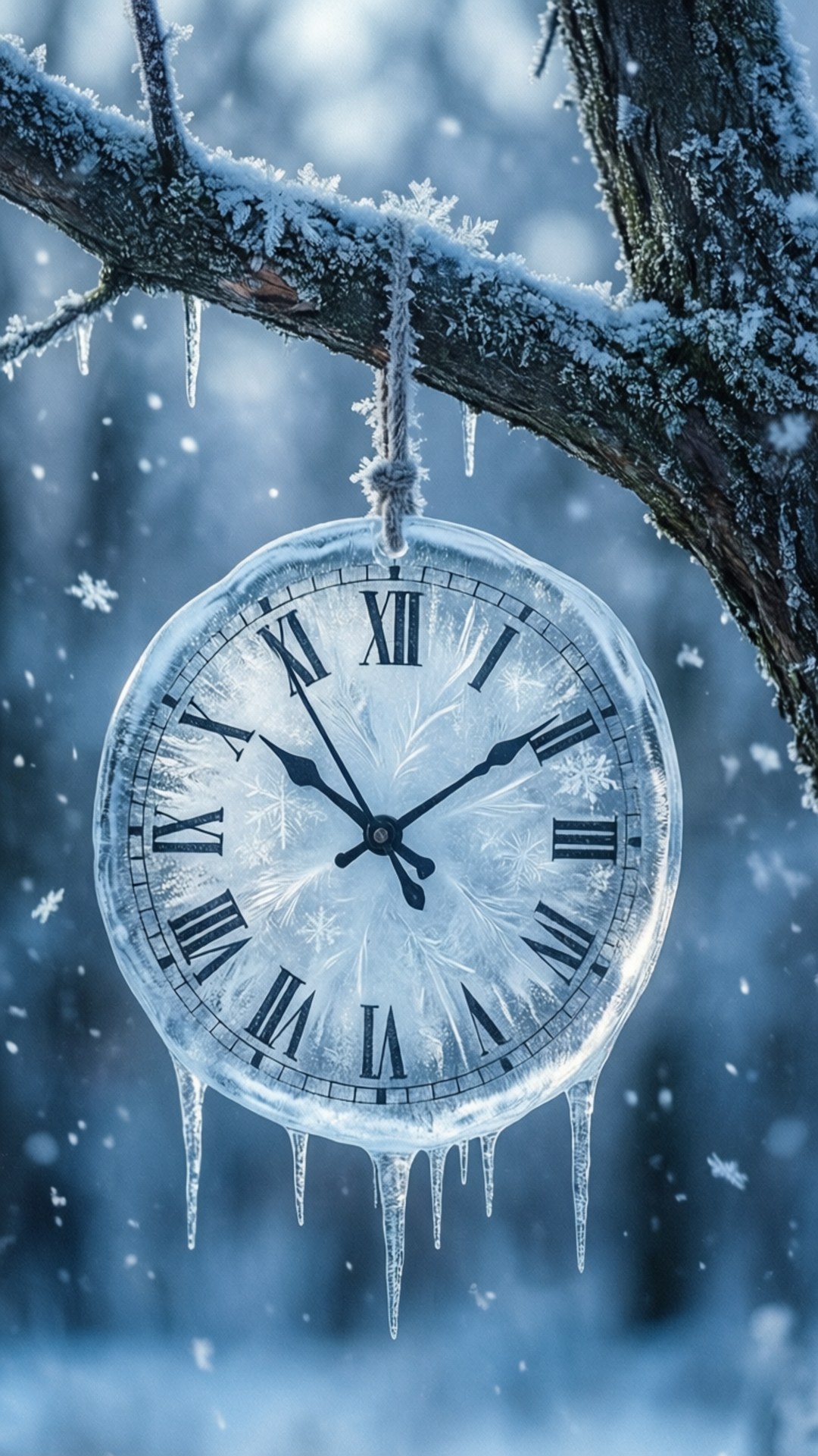冰凍時鐘掛在冬季風暴中積雪的樹枝上