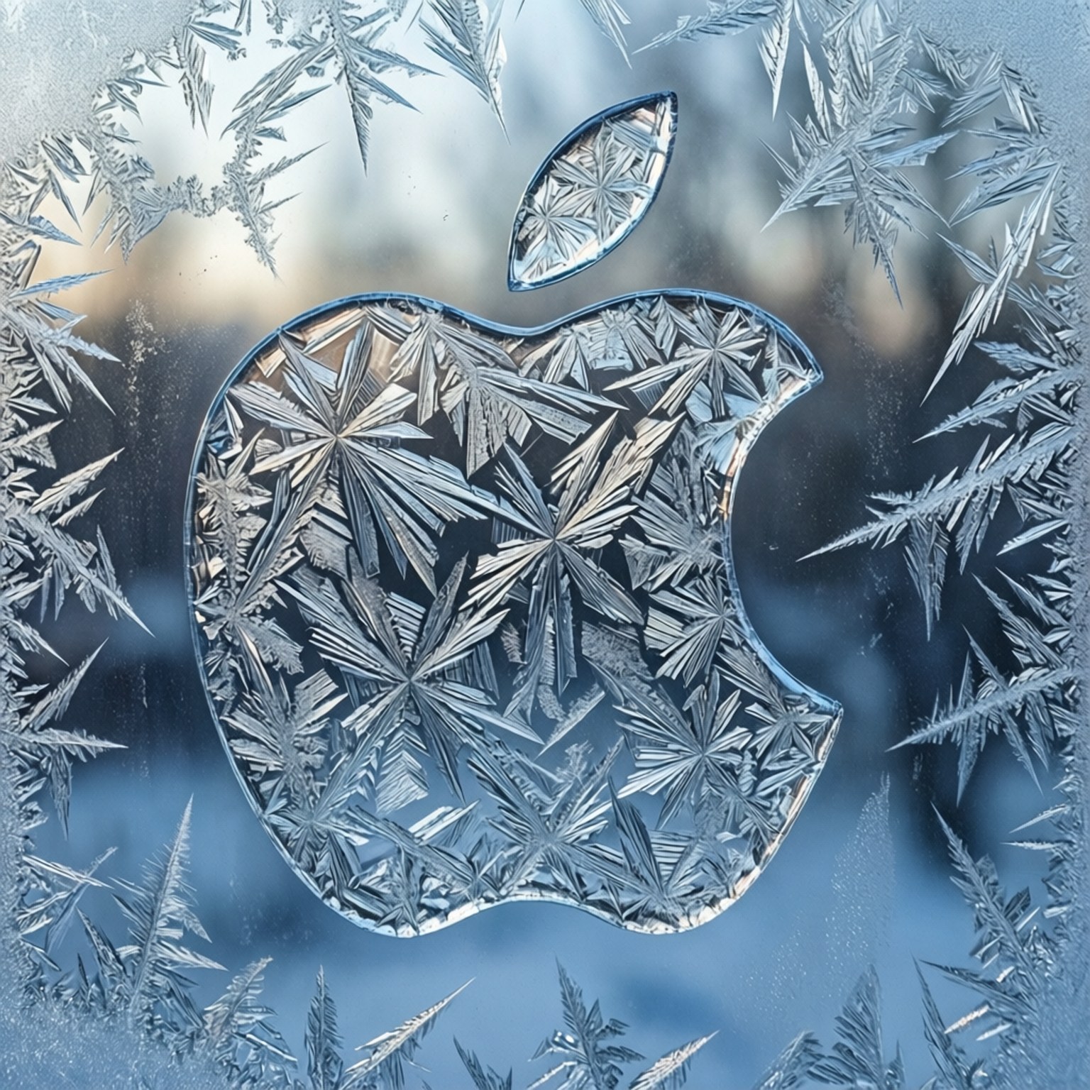 冰晶蘋果 壁紙 — 一個Apple標誌，覆蓋著精緻的霜花圖案，在寒冷的窗戶上，背景是模糊的冬日景色。