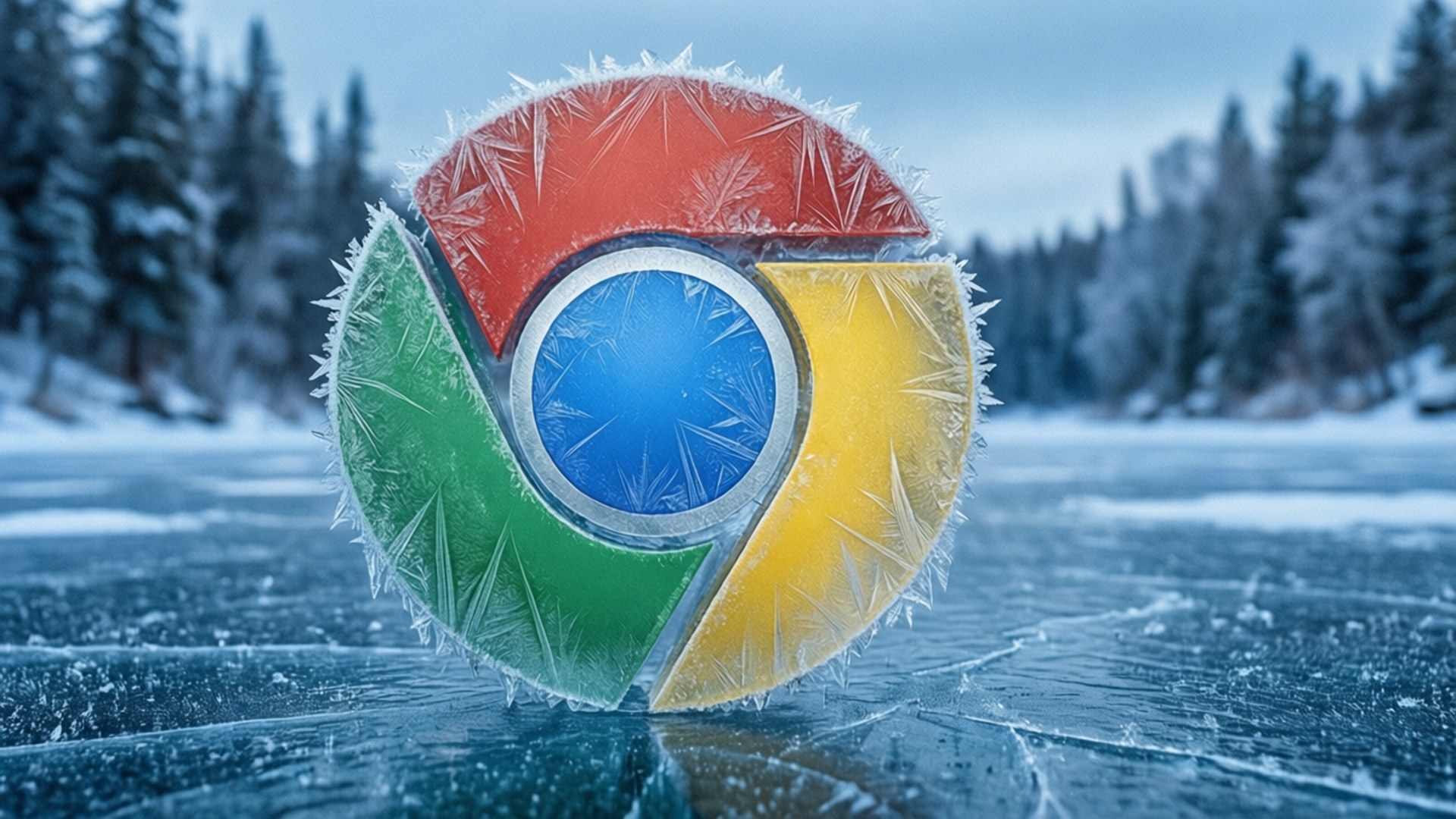 Chrome 標誌被霜覆蓋在結冰的湖面上，周圍是雪樹。