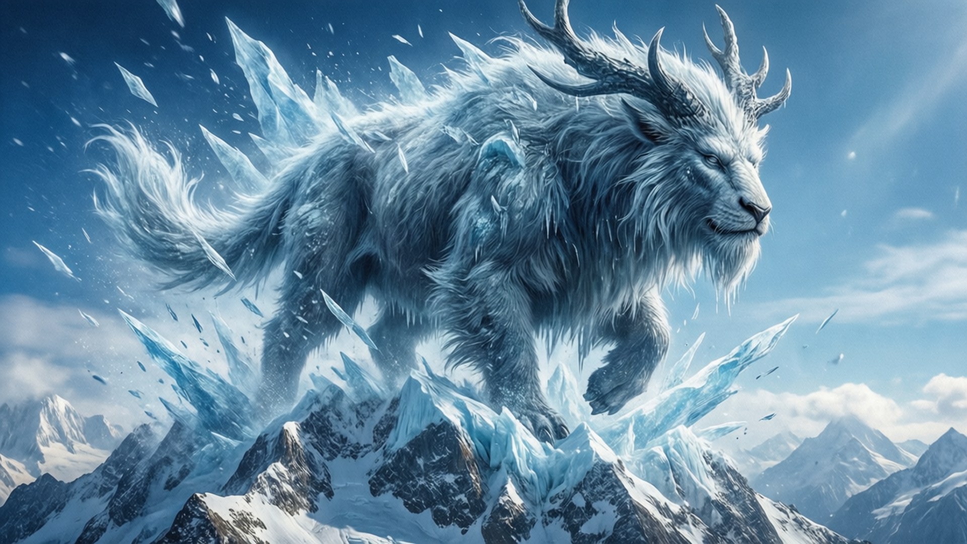 一隻神話般的冰覆蓋野獸，長著鹿角，跳過雪山頂。
