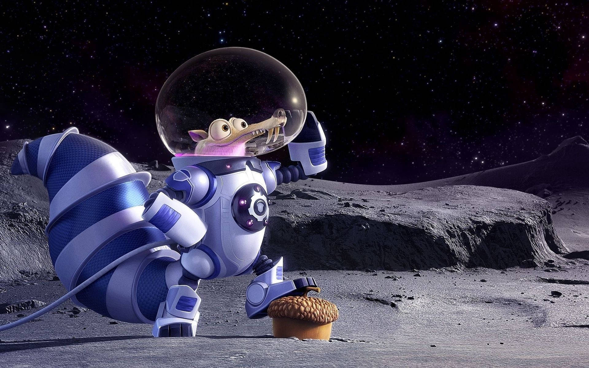 卡通鱷魚太空人在星空下月球表面吃橡果