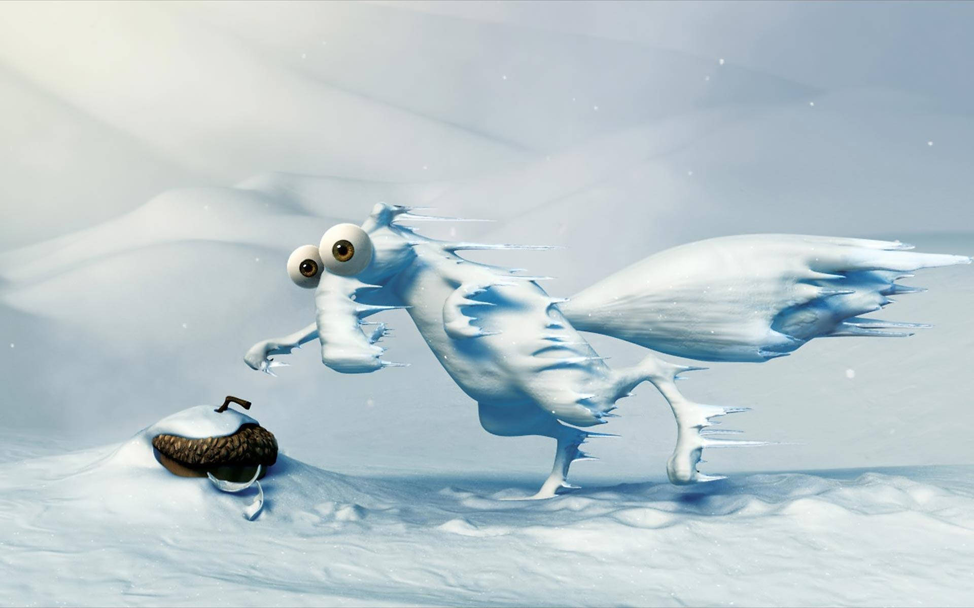 一個卡通雪怪，有大眼睛，在雪地裡追逐橡子。