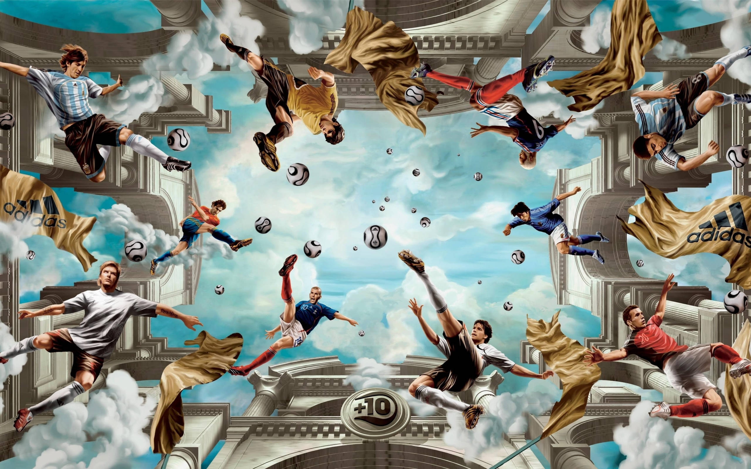 冰涼足球明星球員 壁紙 — 足球運動員在半空中踢球，被雲朵和Adidas橫幅環繞，背景為天空。