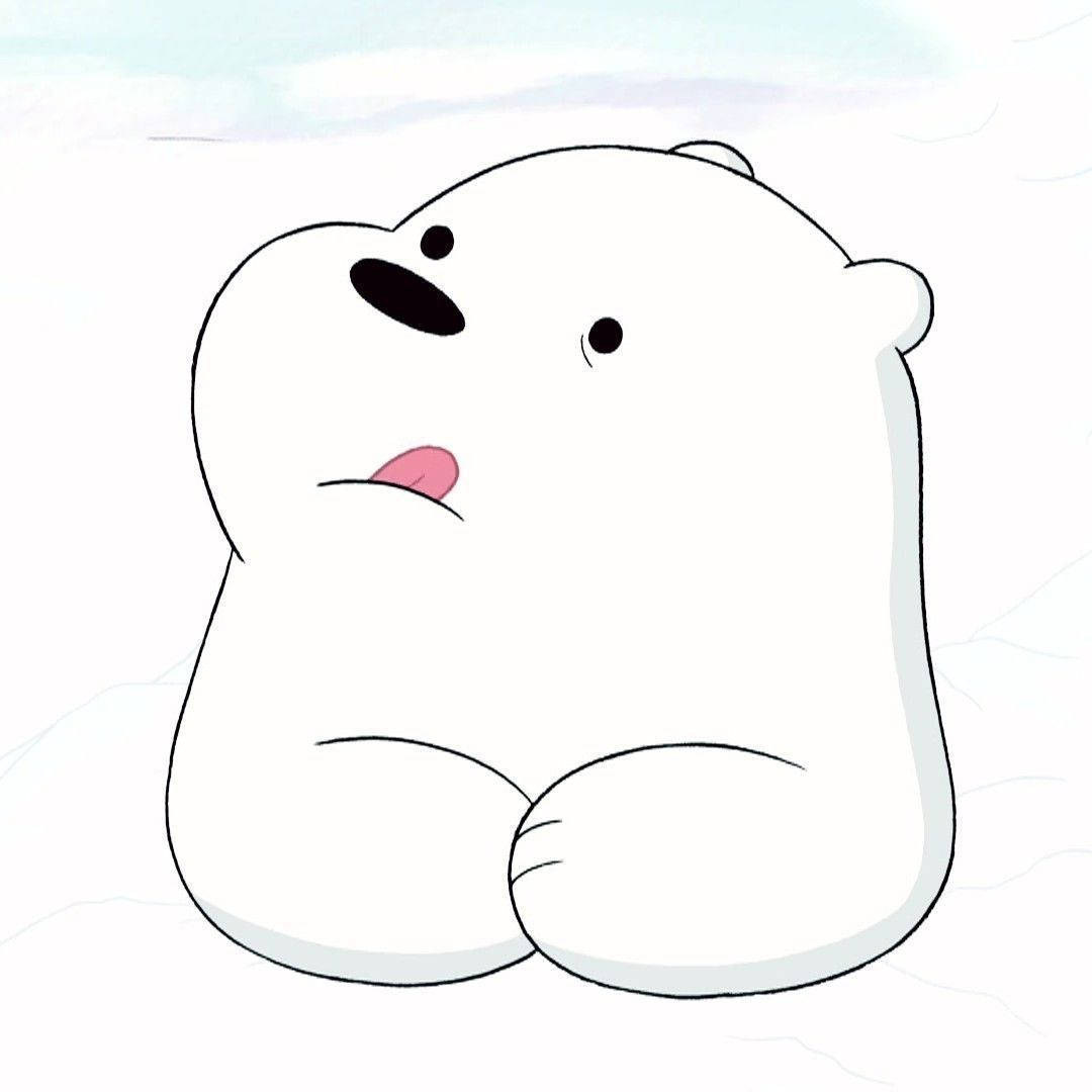 一隻卡通北極熊坐在雪地上，伸出舌頭，半閉著一隻眼睛。
