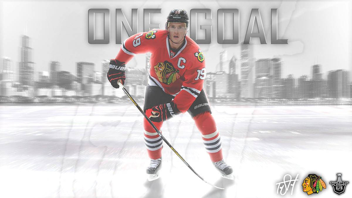 芝加哥黑鷹隊冰球運動員在冰上滑行，背景為城市天際線，並有「ONE GOAL」文字。