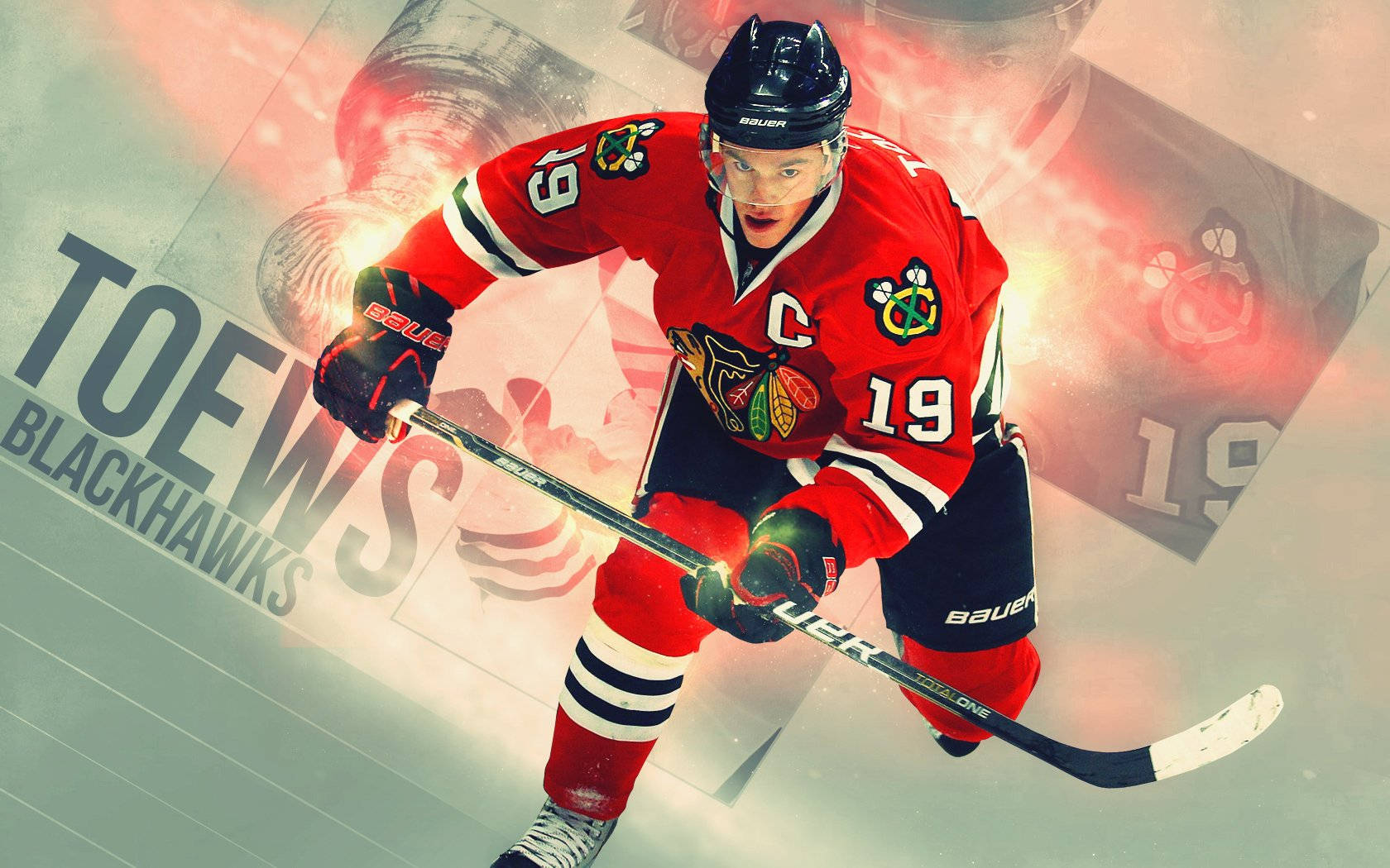 冰球運動員Jonathan Toews身穿紅色Blackhawks球衣，手持發光球桿滑行。