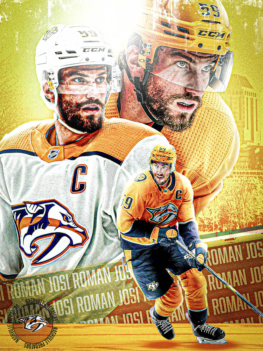冰球明星羅曼·約西 壁紙 — 動態拼貼，冰球運動員 Roman Josi 穿著 Nashville Predators 裝備，以動作姿勢呈現，金色紋理背景。