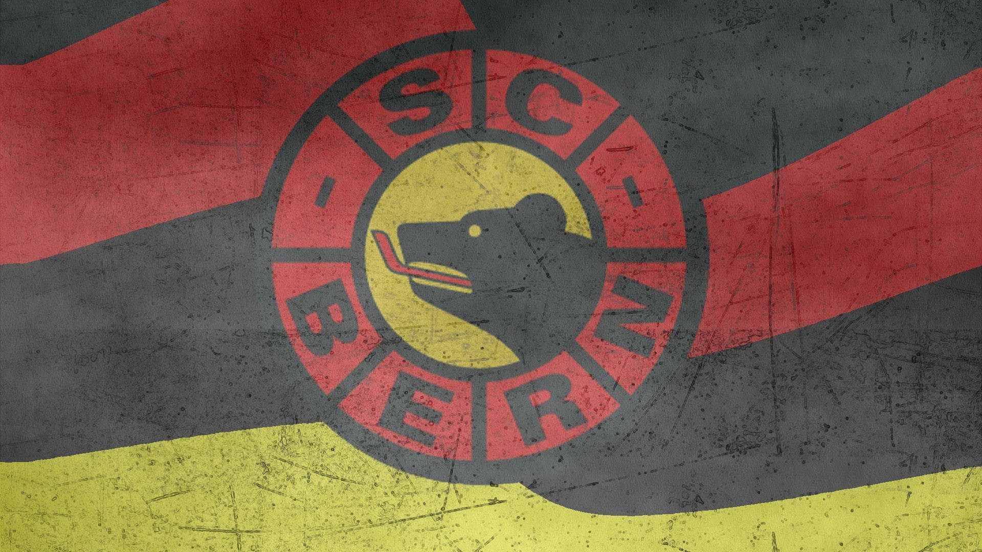 冰球隊 SC Bern 壁紙 — 一個風化嘅SC Bern標誌，有一隻熊揸住曲棍球棍，背景係紅色、黑色同黃色嘅條紋。