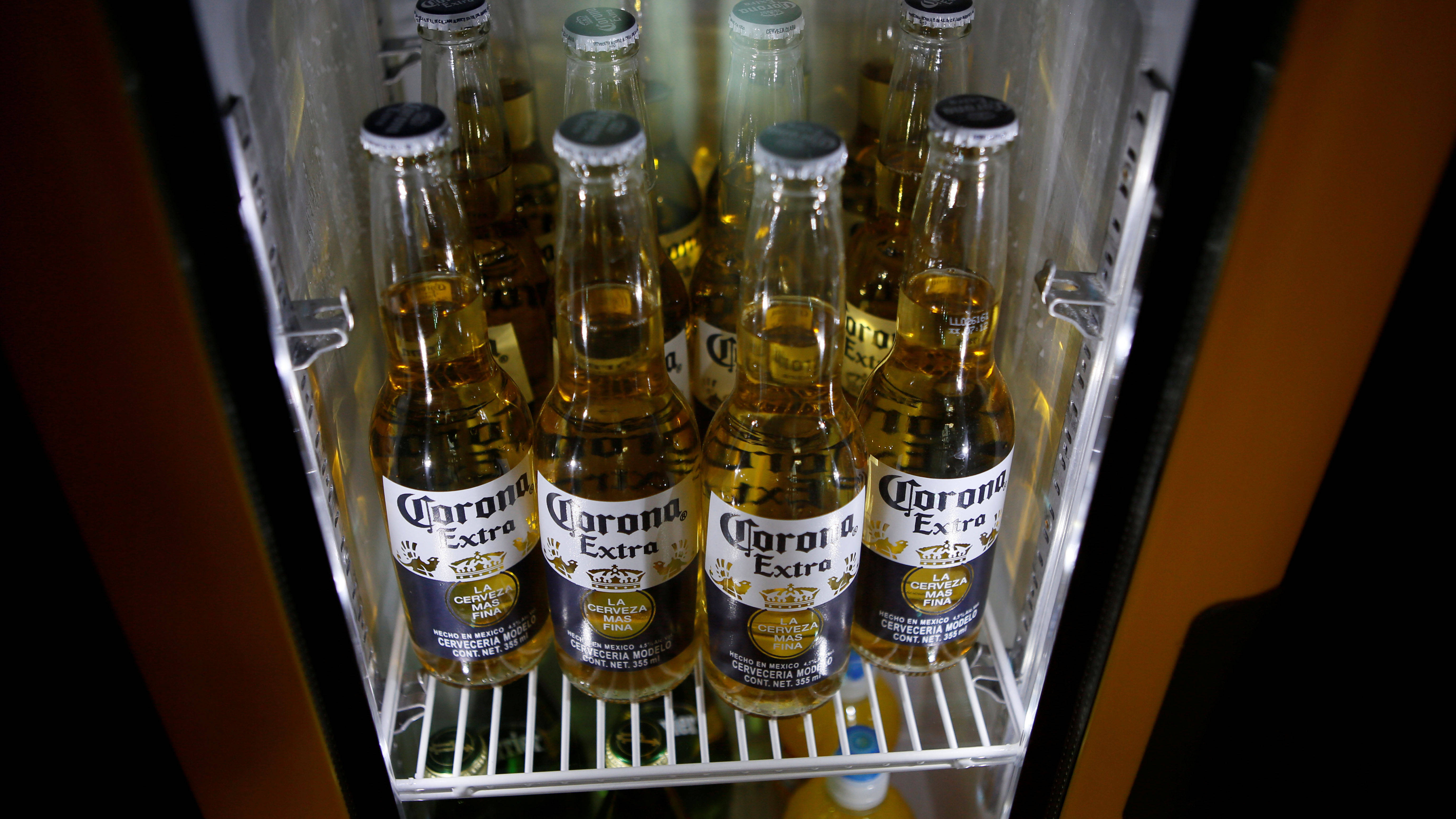 冰箱內的Corona Extra啤酒 壁紙 — 一排排冰凍的Corona Extra啤酒瓶在透明迷你雪櫃內閃爍，配以溫暖的環境燈光。