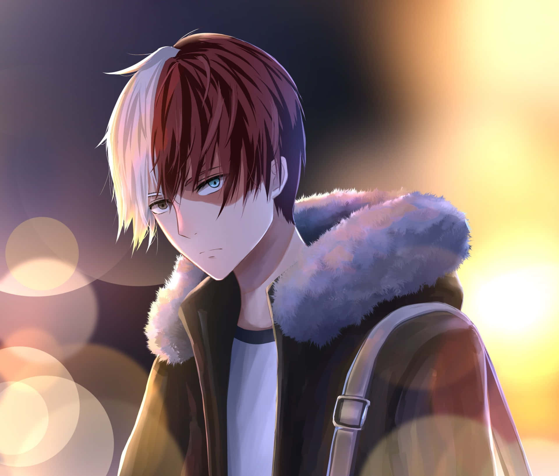 動漫男孩，半白半紅的頭髮，穿著毛領夾克，背景是發光的燈光。