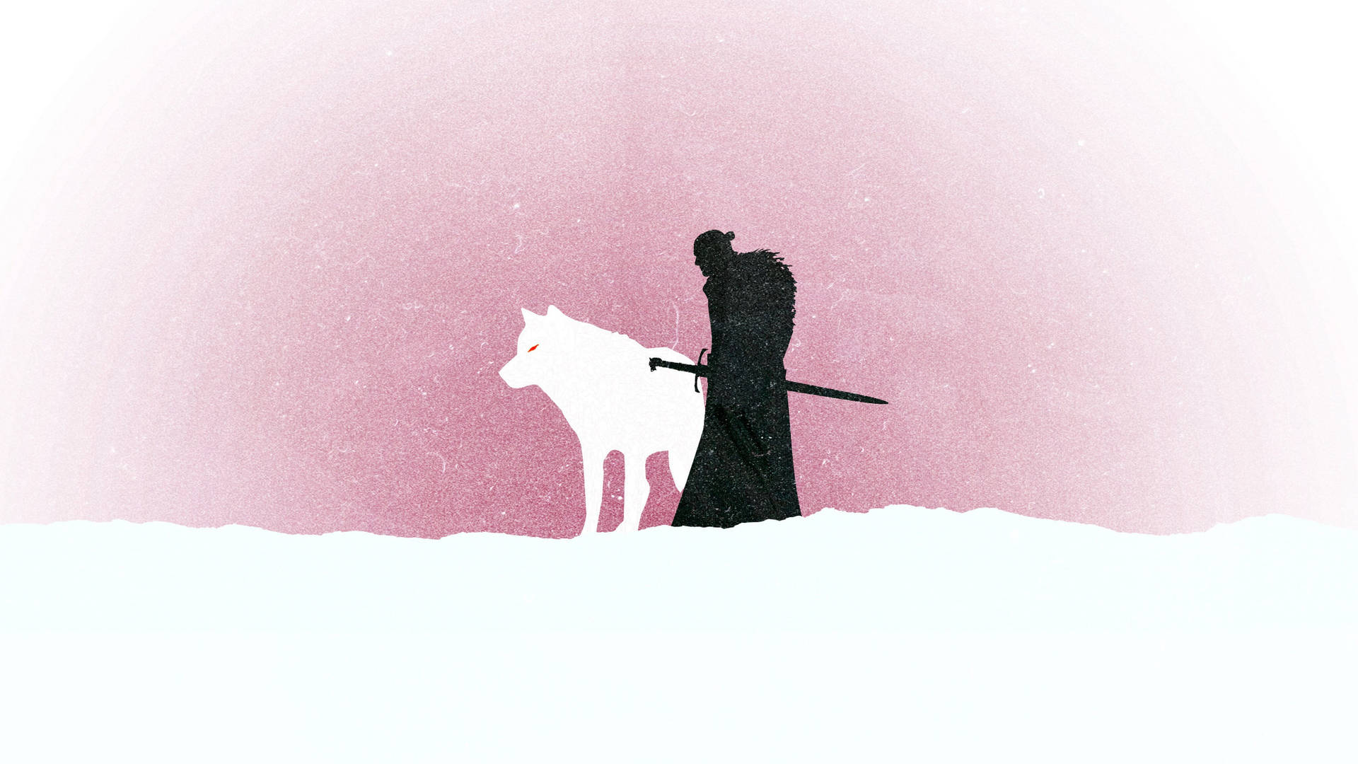 戰士與白狼在雪地中並肩而立，天空呈現粉紅色。