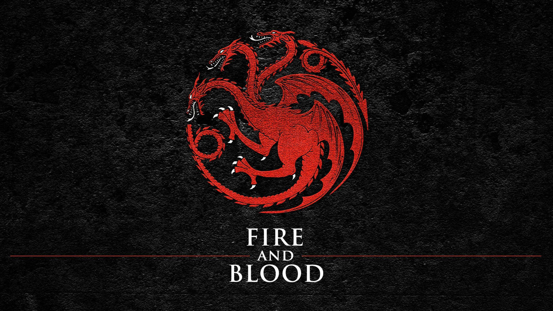 紅色三頭龍標誌，帶有 'FIRE AND BLOOD' 文字，位於黑色背景上。