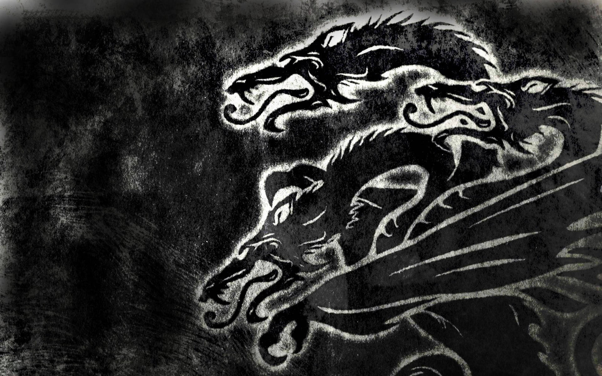 一個黑白插圖的龍，有多個頭和發光輪廓。