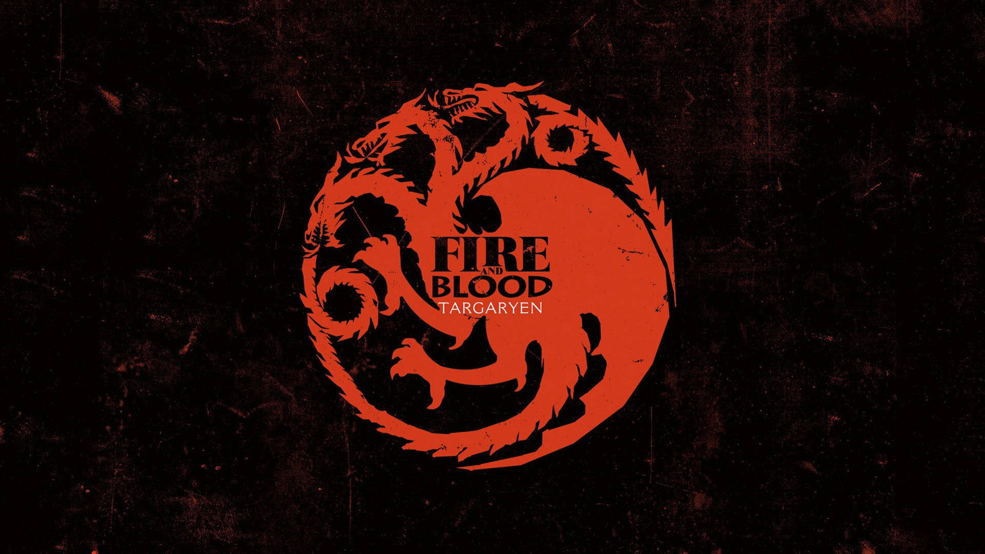 坦格利安家族紋章，深色背景上有三條龍和文字 Fire and Blood。