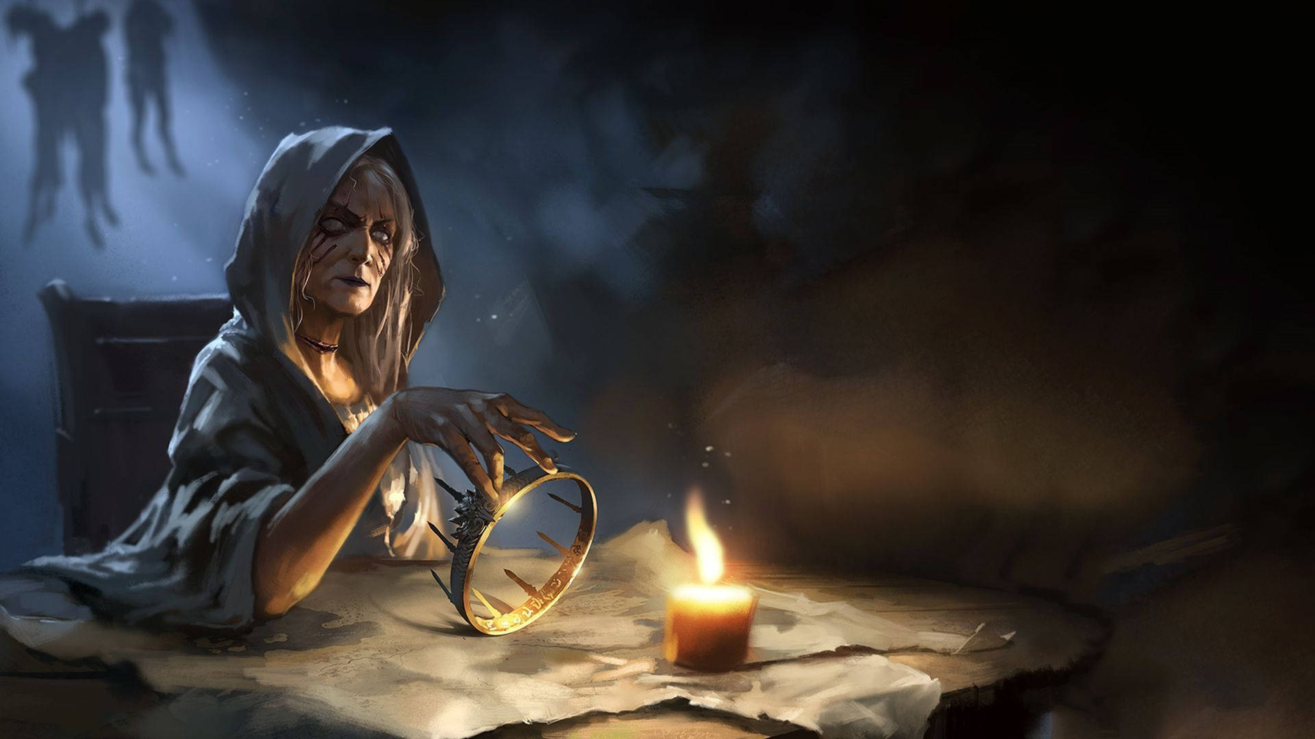 冰與火之歌：石心夫人皇冠 壁紙 — 一位戴著兜帽、皮膚蒼白、眼睛通紅的女巫坐在桌旁，她的手懸停在一個發光的金色戒指上方，旁邊是一根在黑暗、煙霧瀰漫的房間裡閃爍的蠟燭。
