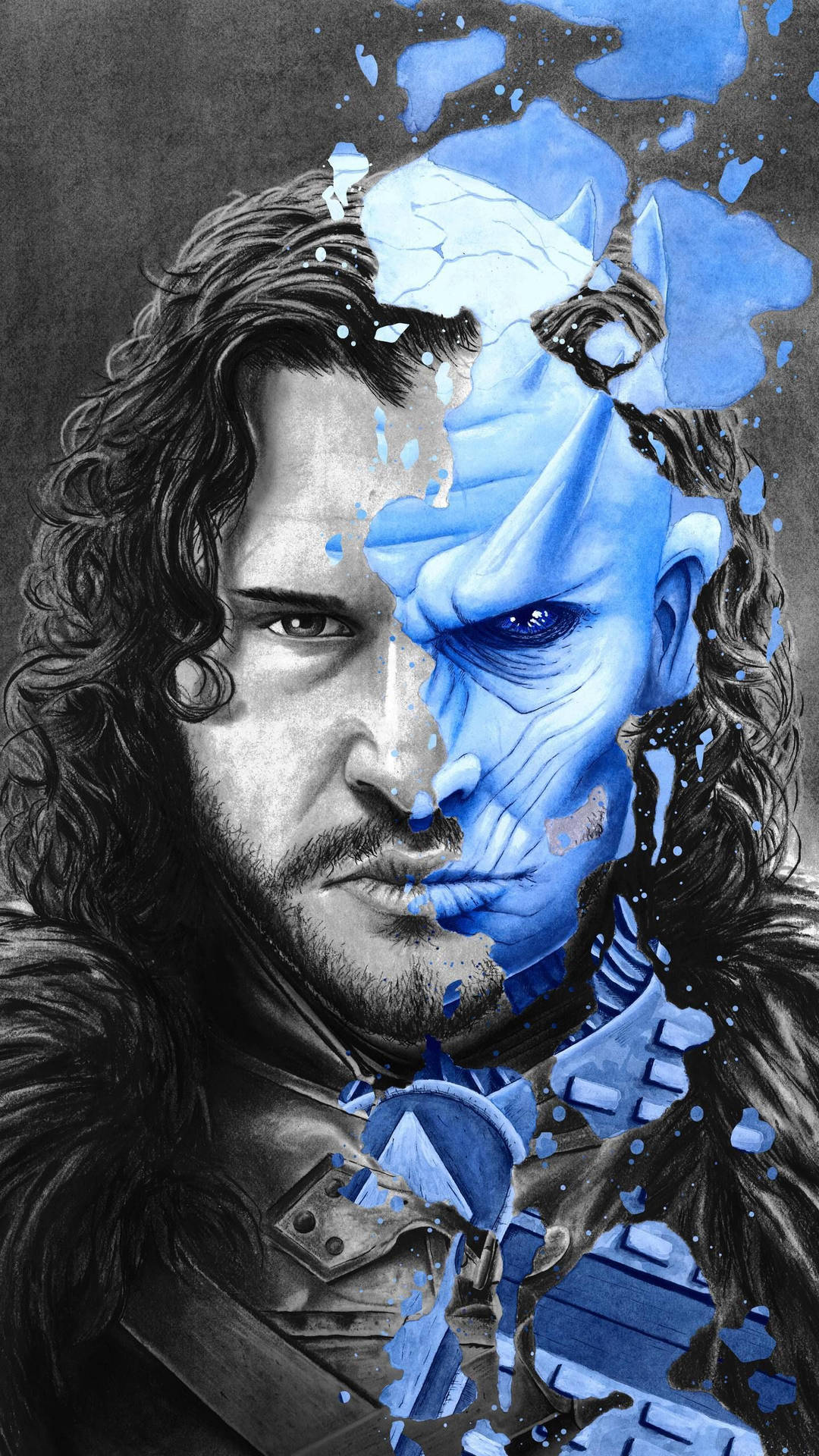 Jon Snow 與屍鬼的分割臉部肖像，帶有藍色油漆飛濺。