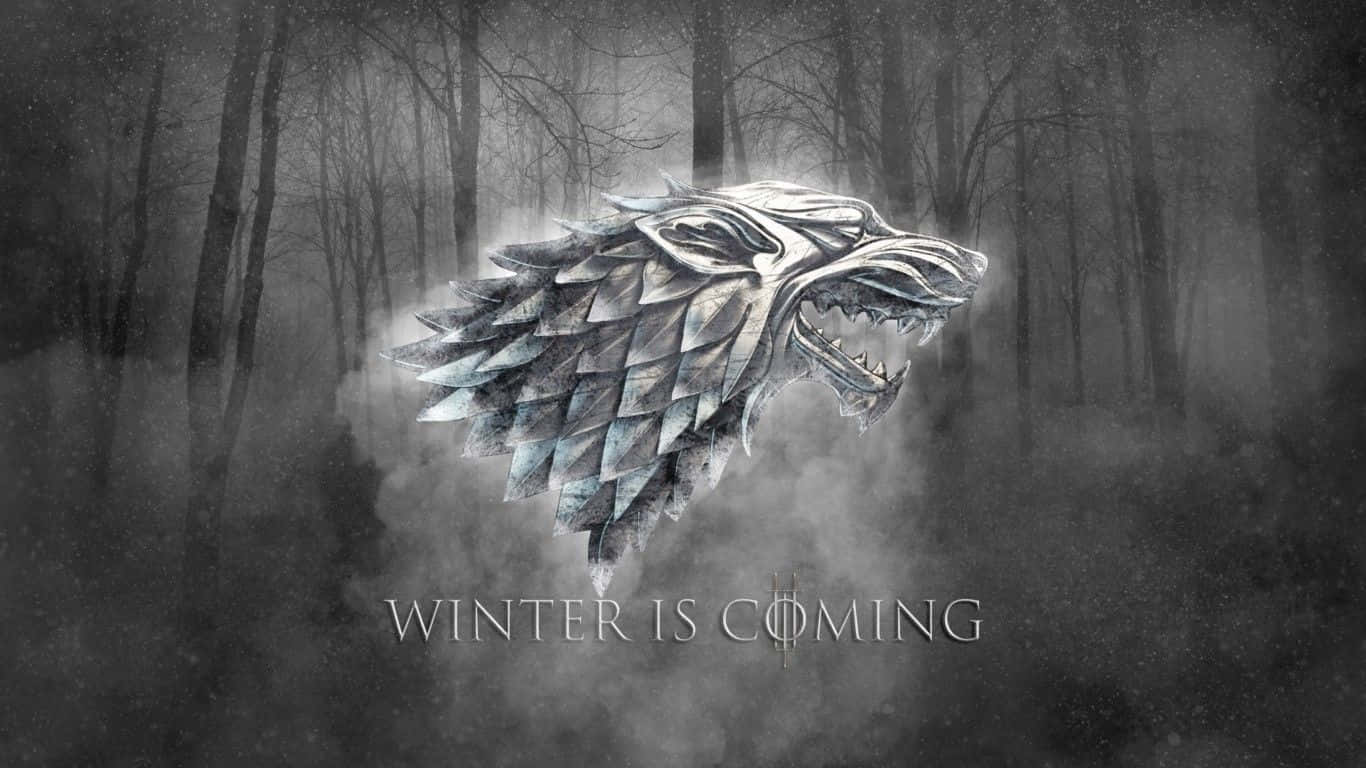 迷霧森林中的冰原狼頭與winter is coming字樣