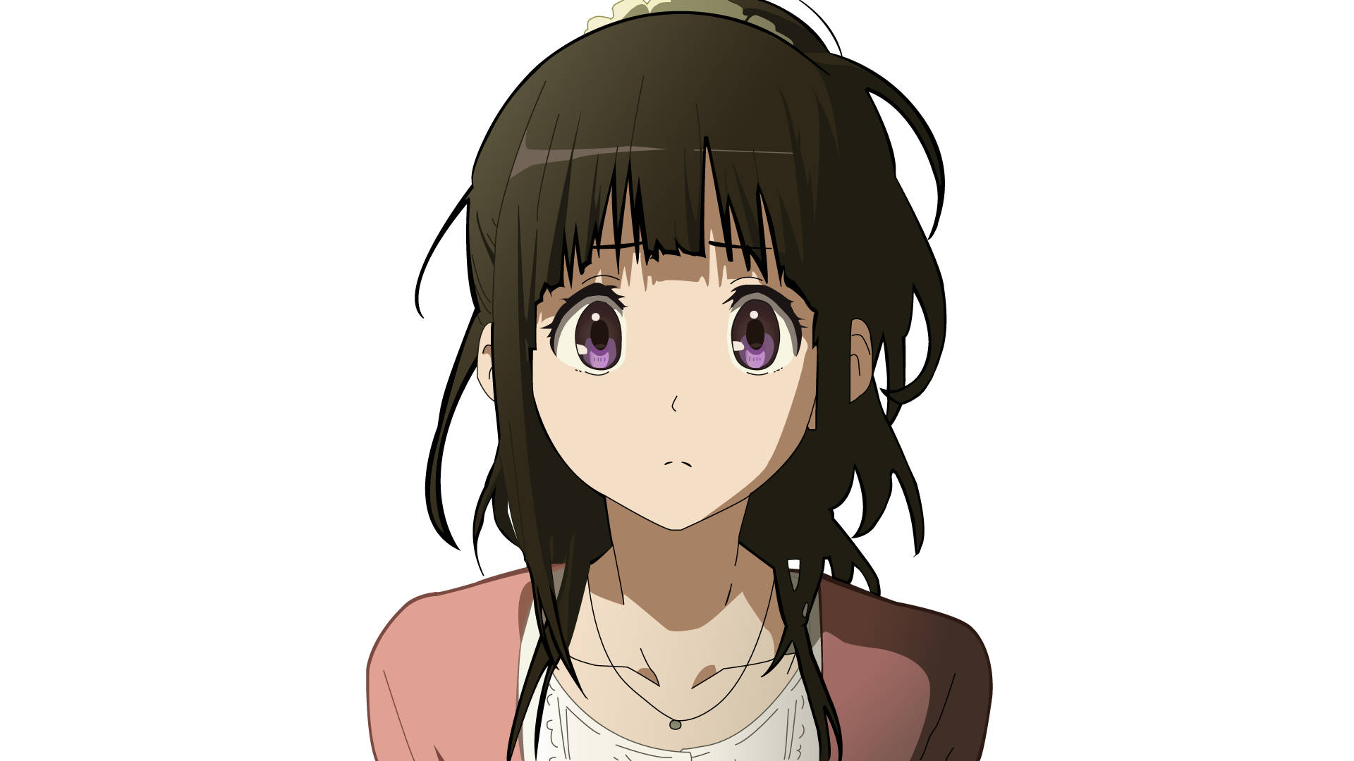 動漫女孩，深色頭髮，紫色眼睛，穿著粉紅色開襟衫。