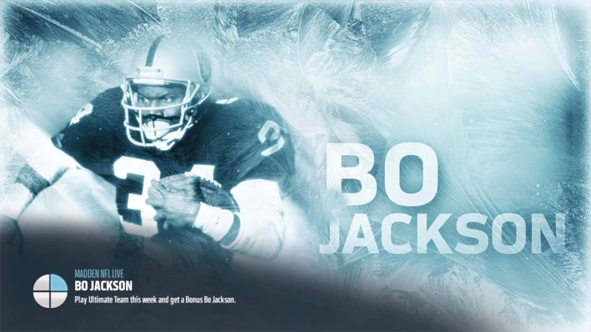 Bo Jackson 美式足球員在移動中，背景冰冷並帶有遊戲宣傳文字。