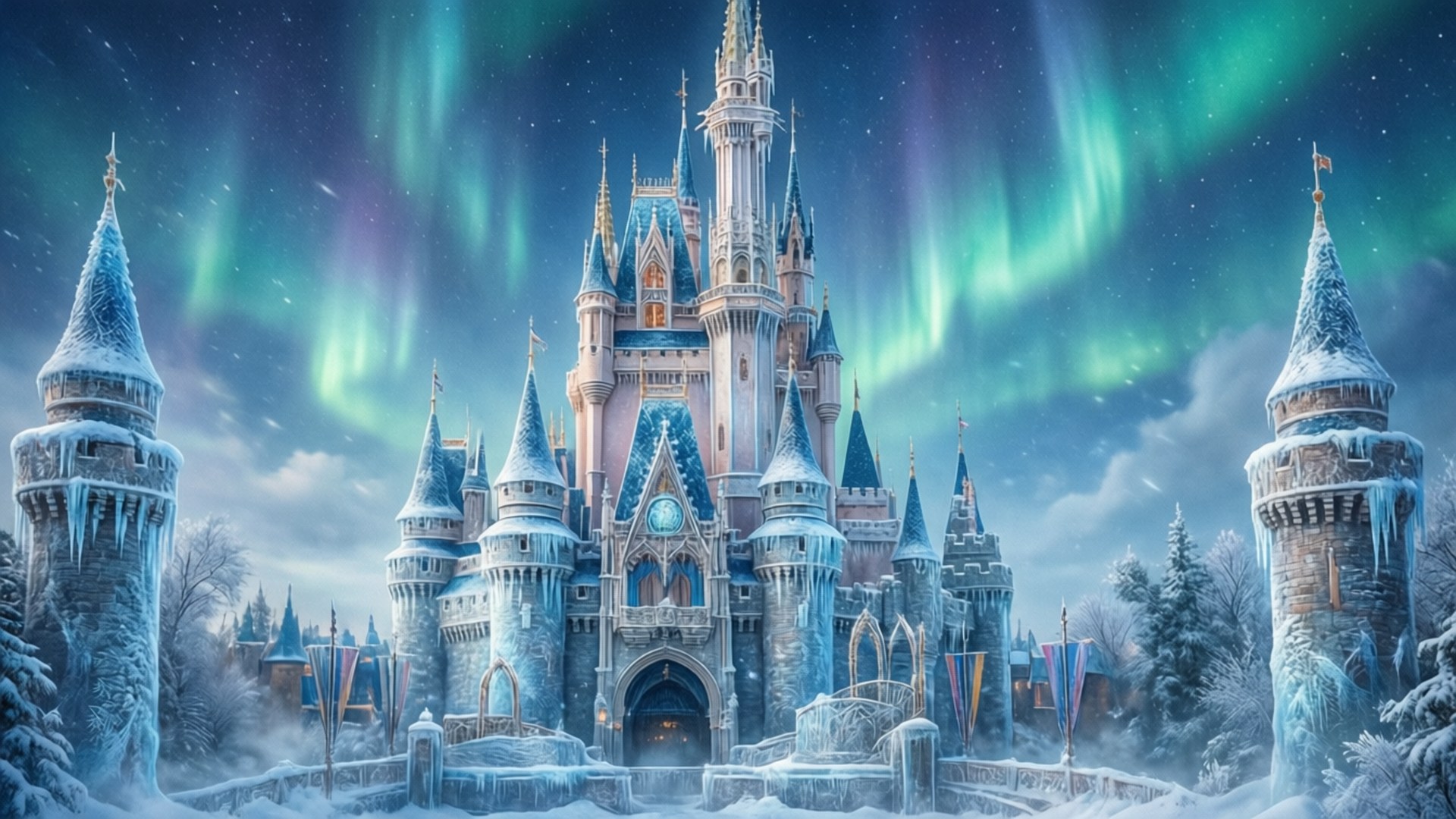冰雪冬日城堡 壁紙 — 一座雄偉的雪覆蓋城堡，帶有冰晶尖頂，在冬季仙境中矗立在充滿活力的綠色和紫色北極光下。
