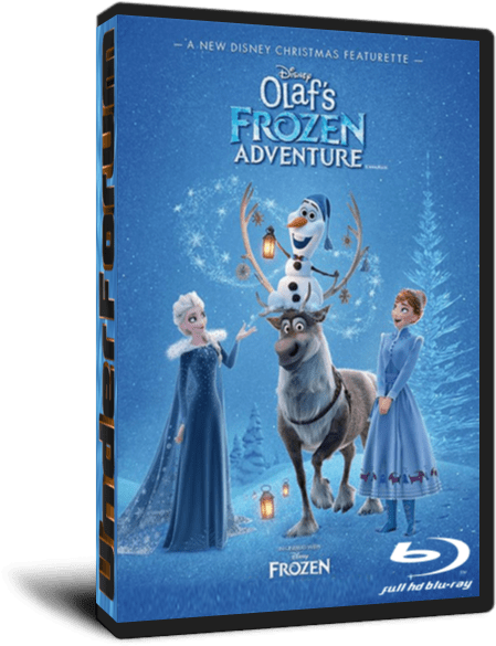 冰雪奇緣：奧拉夫的冒險 藍光封面 壁紙 — 迪士尼《奧拉夫的 Frozen Adventure》封面顯示愛莎、安娜、斯文和奧拉夫在雪地冬季場景中，有燈籠和松樹。