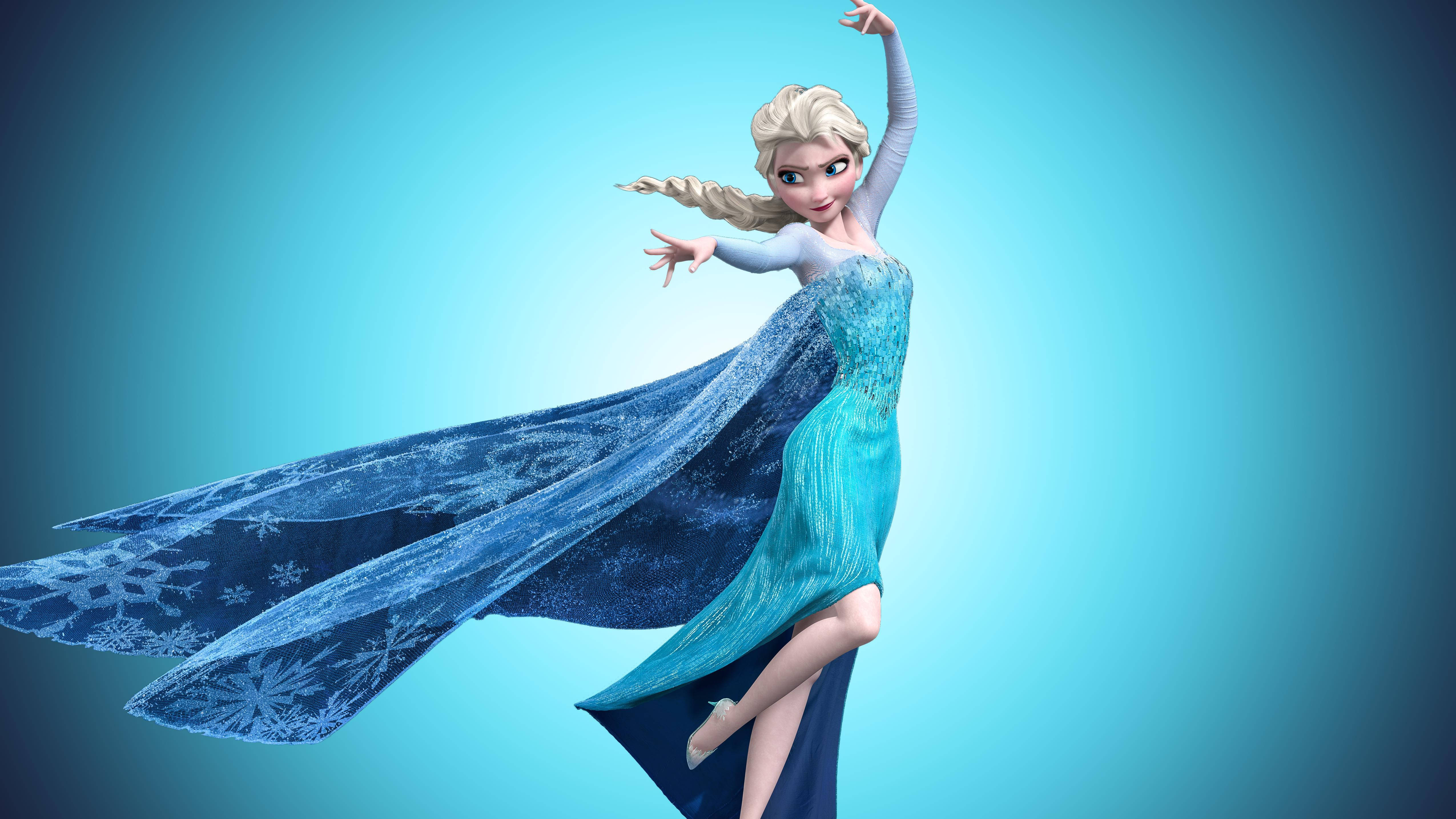 《冰雪奇緣》女王艾莎 壁紙 — 《魔雪奇緣》的愛莎身穿帶有雪花圖案的冰藍色長裙，在柔和的漸變藍色背景前優雅地跳舞。