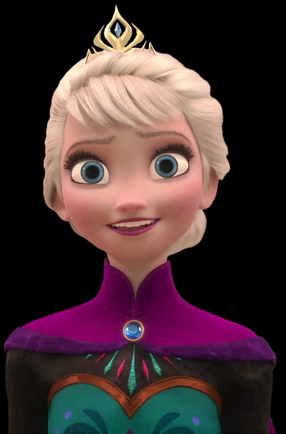 冰雪奇緣 女王艾莎肖像 壁紙 — 《魔雪奇緣》中艾莎的近鏡，戴著標誌性皇冠和紫色長裙，背景為黑色。