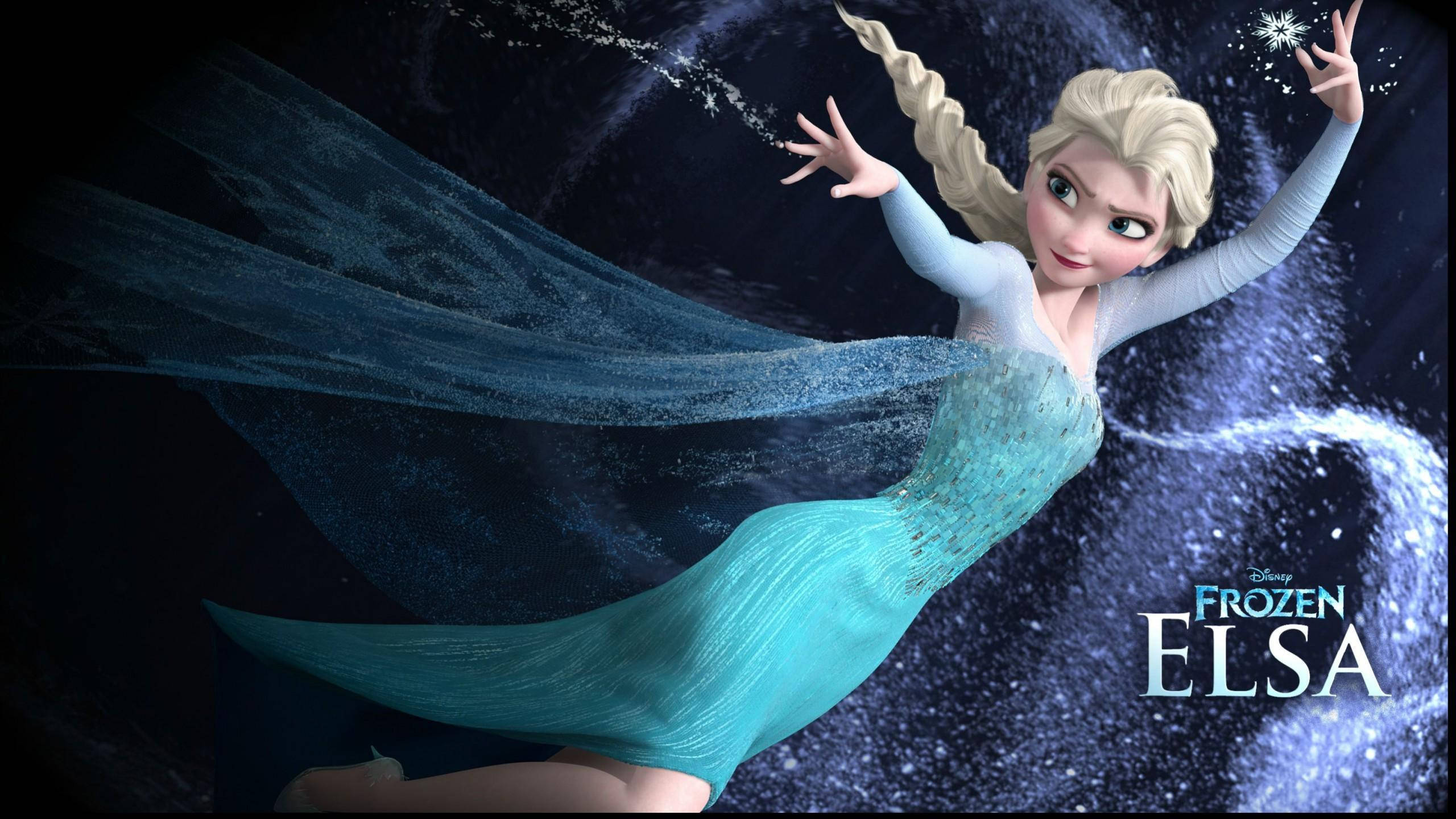 《冰雪奇緣》艾莎 壁紙 — 《魔雪奇緣》的愛莎身穿飄逸的藍綠色長裙，在黑暗的宇宙背景下優雅地漂浮，施展閃閃發光的冰魔法。