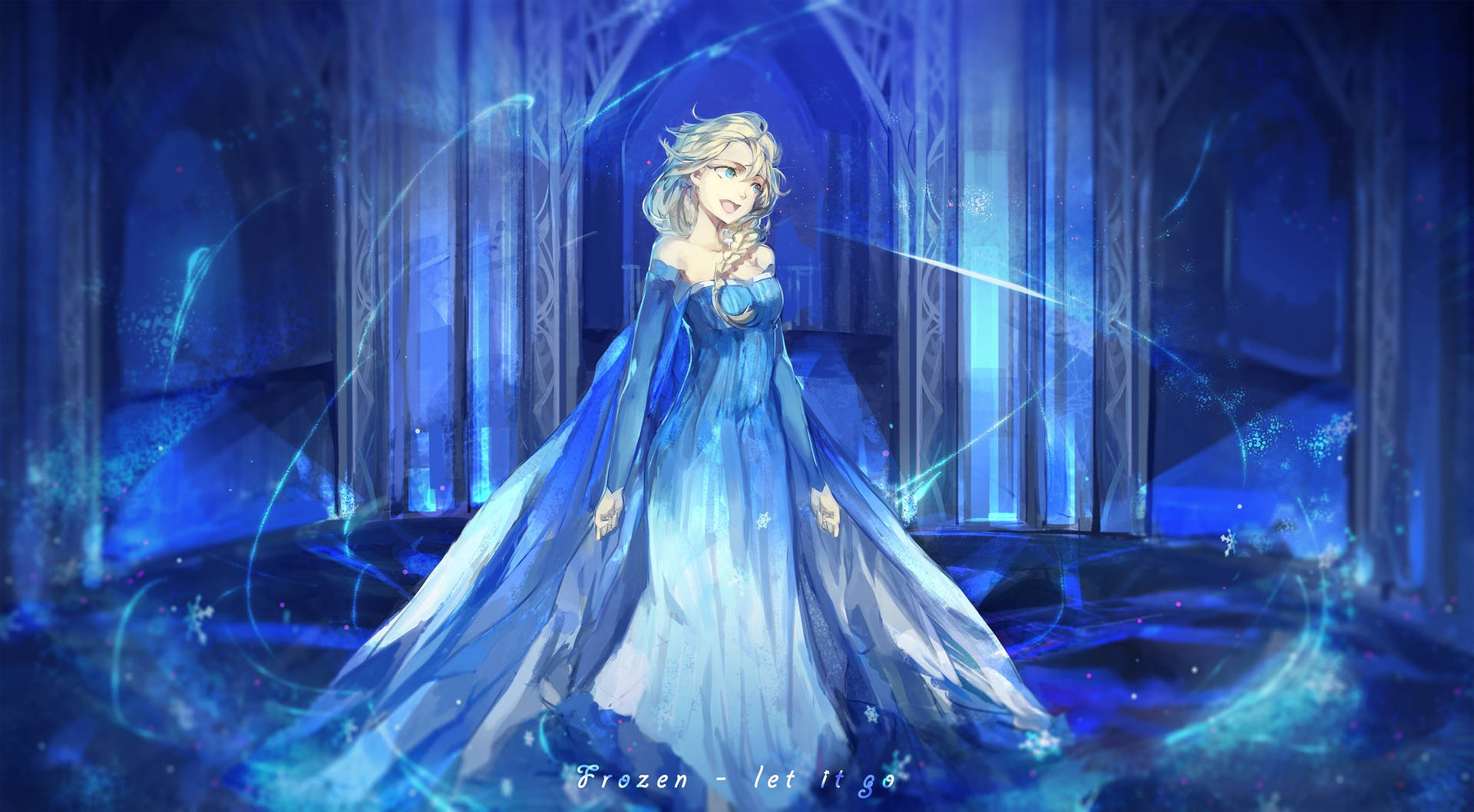 《魔雪奇緣》的愛莎身穿藍色冰袍，在冰凍城堡中被魔法能量包圍。