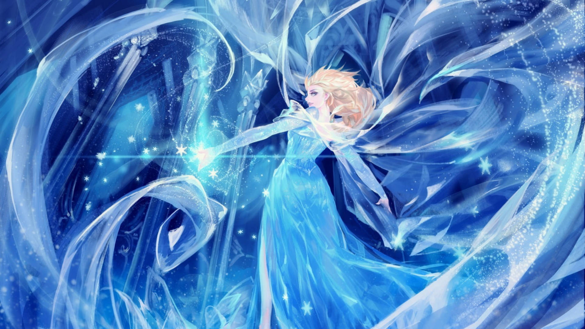 金髮女子身穿藍色長裙，施展冰魔法，伴隨旋轉霜雪和閃爍粒子。