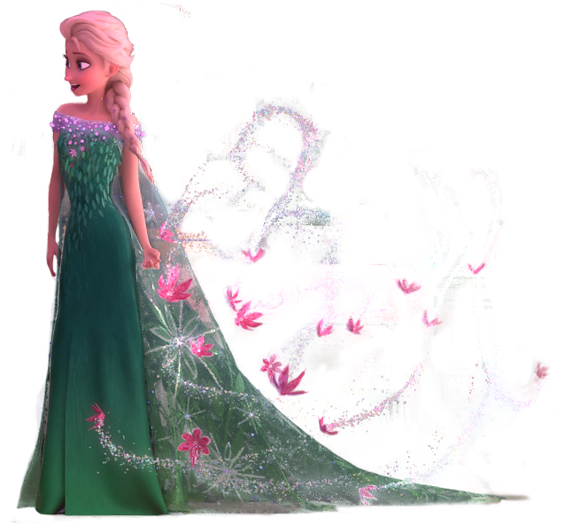 《冰雪奇緣》艾莎的魔法花徑 壁紙 — 艾莎身穿閃閃發光的綠色長袍，站在充滿活力的粉紅、紫色和藍色魔法能量抽象漩渦旁。