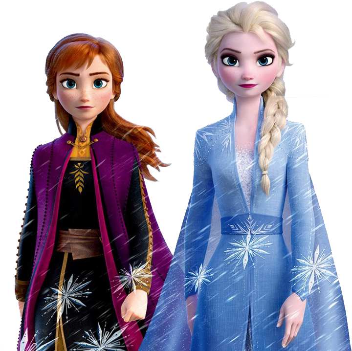 冰雪奇緣 艾莎與安娜姐妹 壁紙 — 《魔雪奇緣》的安娜和愛莎身穿雪花裝飾的長袍，並肩站在黑色背景前。