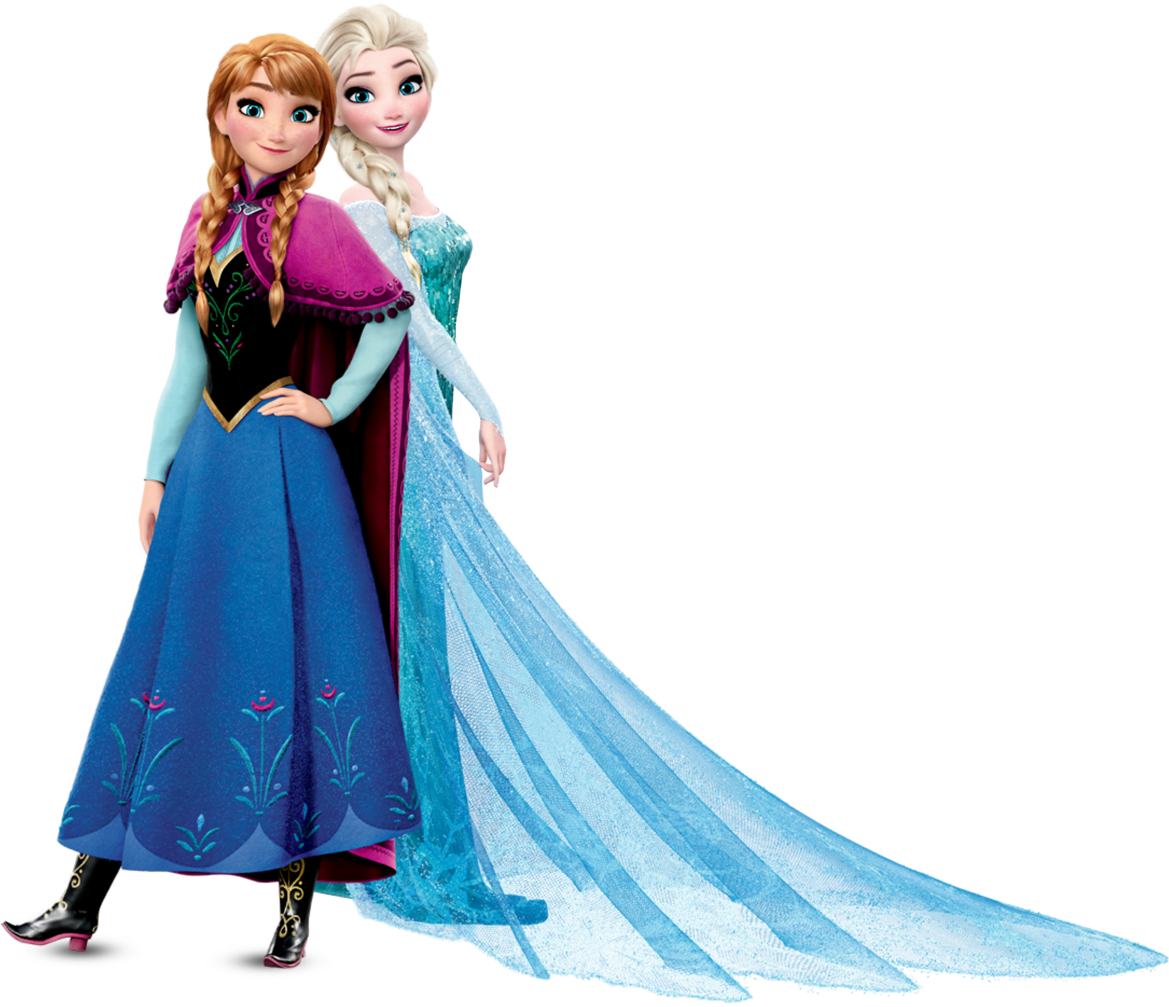 冰雪奇緣 艾莎與安娜姐妹 壁紙 — 《魔雪奇緣》中的安娜和愛莎穿著標誌性禮服並肩站在黑色背景前。