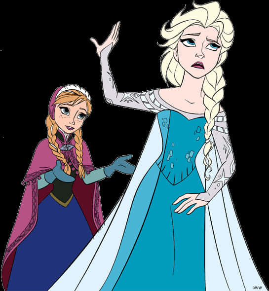 冰雪奇緣 艾莎與安娜插畫 壁紙 — 《魔雪奇緣》的愛莎與安娜站在黑色背景前，愛莎舉起手做出冰雪魔法手勢。