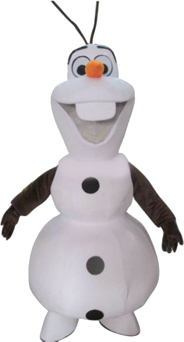 《冰雪奇緣》雪寶毛絨玩具 壁紙 — 一個快樂的雪人吉祥物服裝，有胡蘿蔔鼻子、煤炭鈕扣和樹枝手臂，背景為黑色。