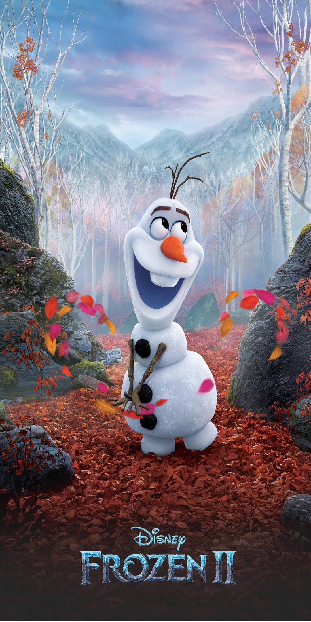 《冰雪奇緣2》中的奧拉夫 壁紙 — 雪人奧拉夫在充滿活力的秋日森林中歡快地大笑，身後有落葉和霧濛濛的山脈。