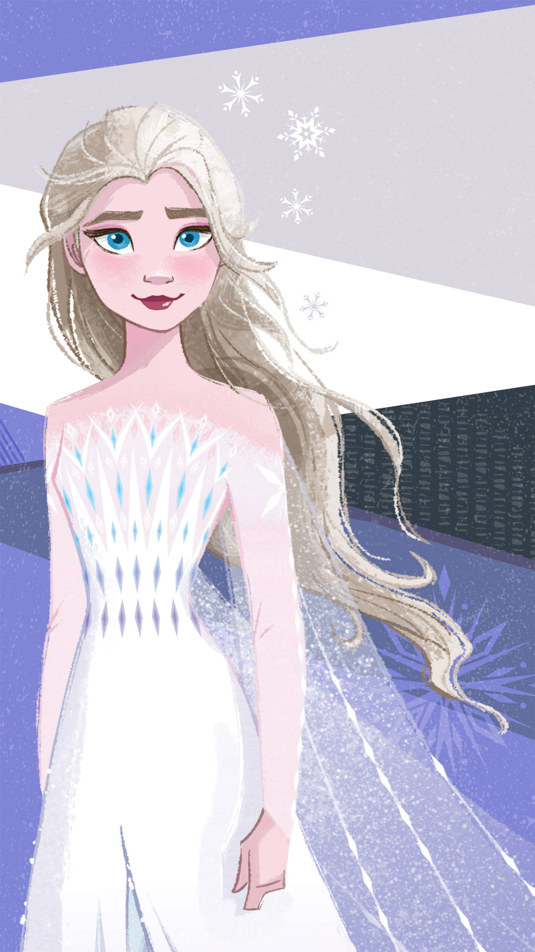 冰雪奇緣2 艾莎數位藝術 壁紙 — 《魔雪奇緣》中的愛莎優雅地站立，身穿閃閃發光的冰裙，雪花在她周圍飄舞，背景是清涼的紫色和白色。