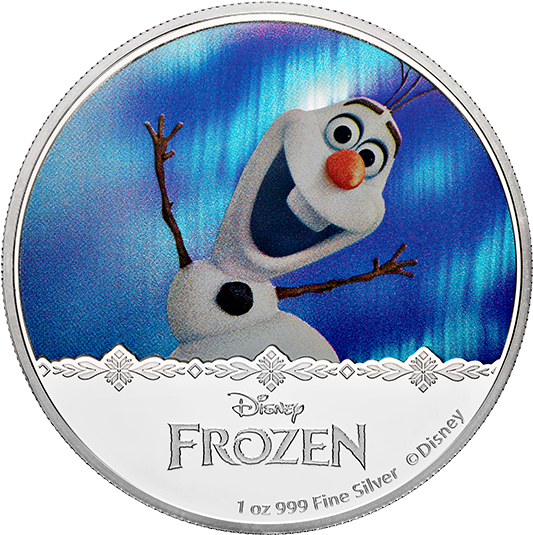 冰雪奇緣奧拉夫銀幣 壁紙 — 《魔雪奇緣》中開心的雪人小白在銀幣上以鮮豔的藍色北極光為背景微笑。