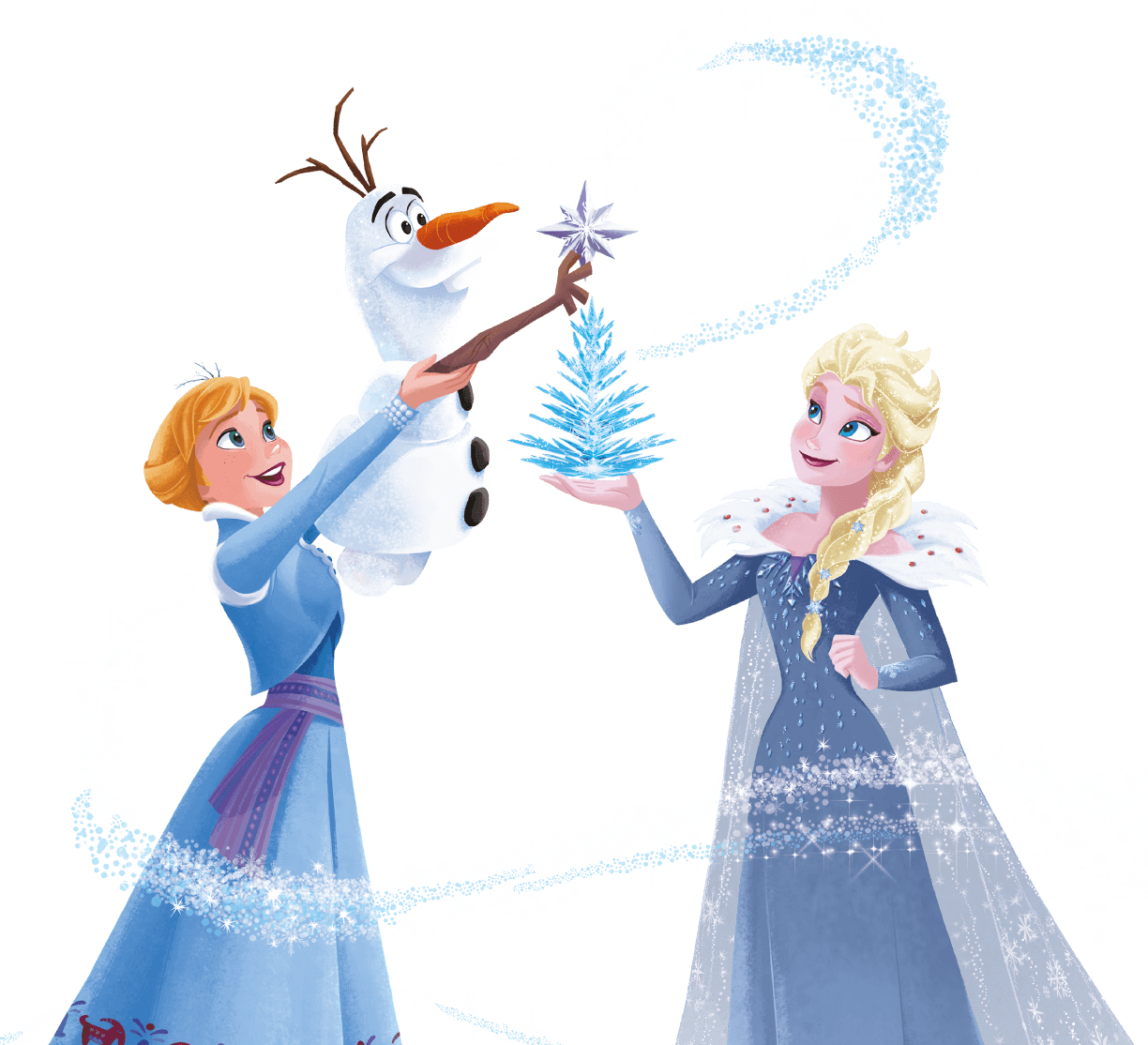 冰雪奇緣好友魔法時刻 壁紙 — 愛莎和安娜與雪寶一起愉快地裝飾一棵發光的冰樹，雪花在黑色背景中圍繞他們旋轉。