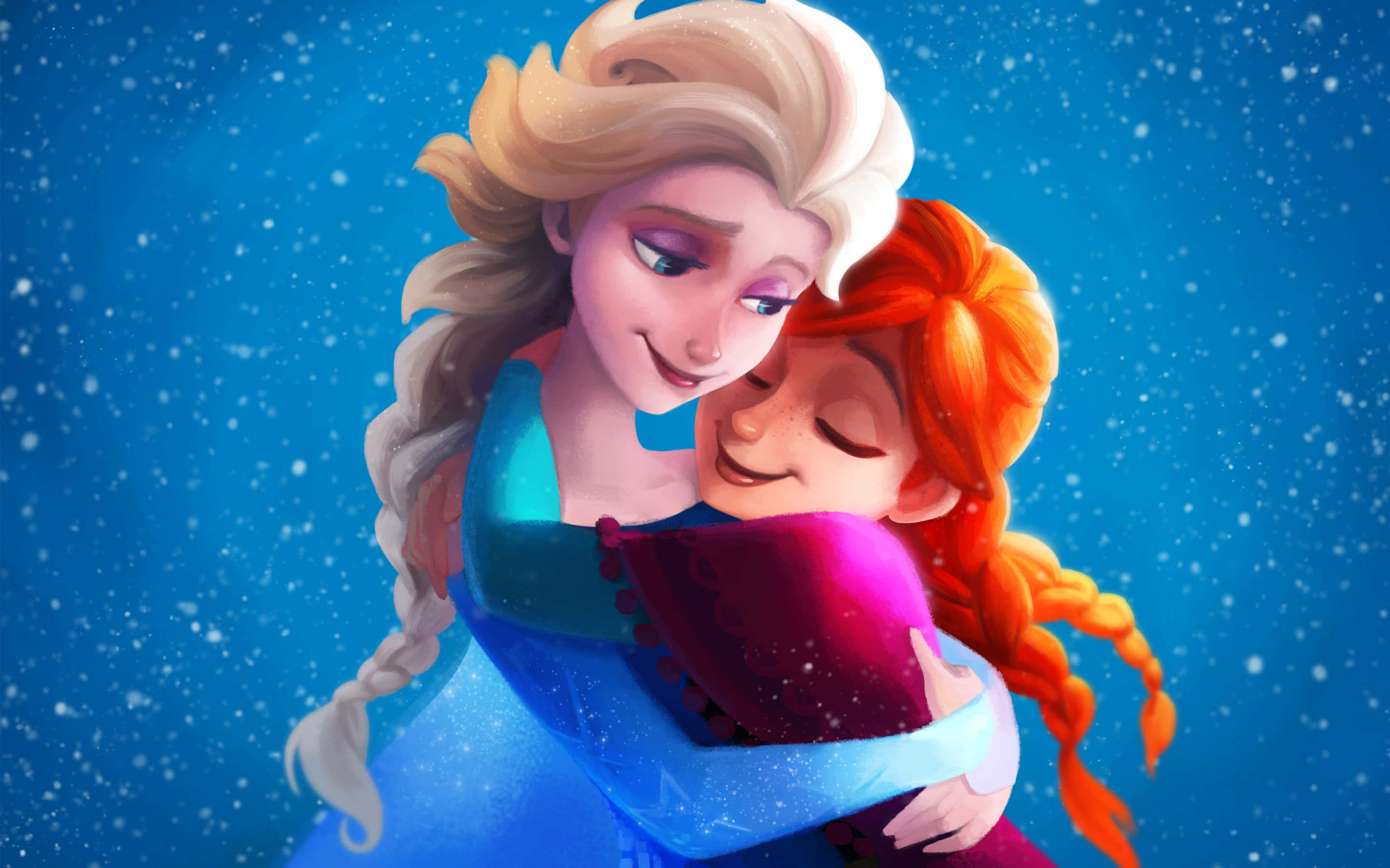 冰雪奇緣姊妹擁抱照 壁紙 — 愛莎和安娜在飄雪的藍色背景下溫暖地擁抱。