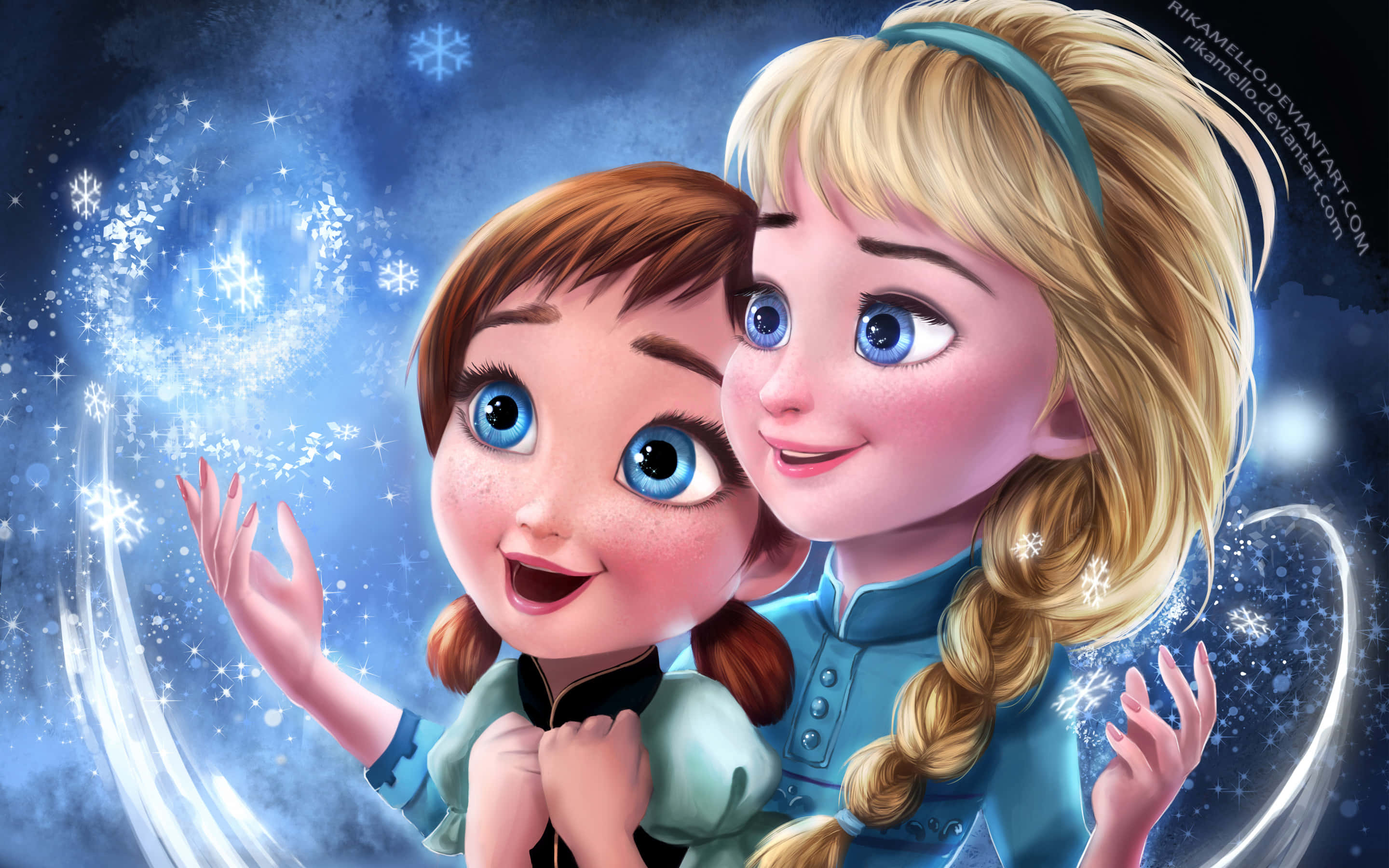 冰雪奇緣姐妹圖 壁紙 — 《魔雪奇緣》的安娜和愛莎在神奇的藍色冬日天空中快樂地創造旋轉的雪花。